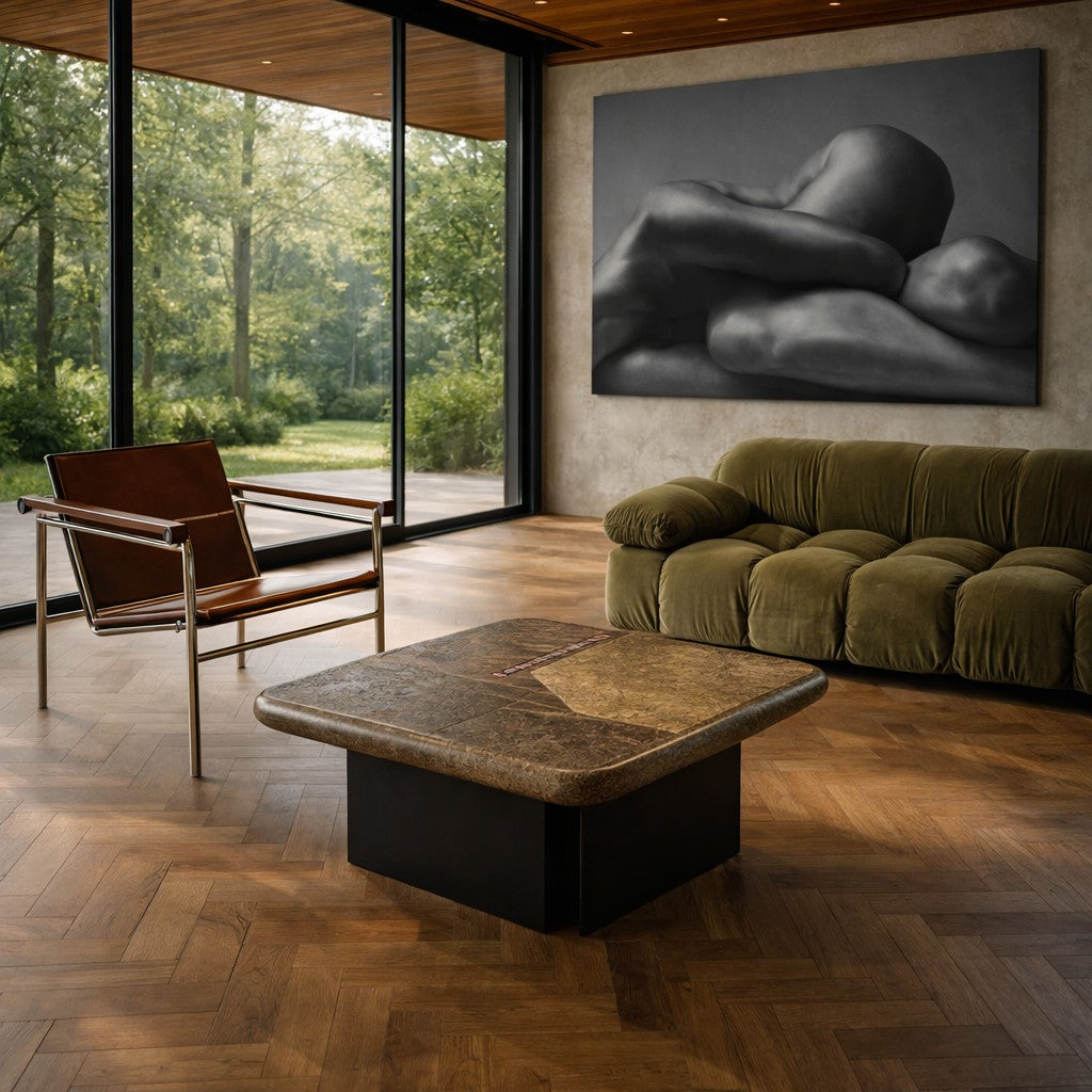 Brutalist Square Coffee Table with Brown Agate by Sculptor Paul