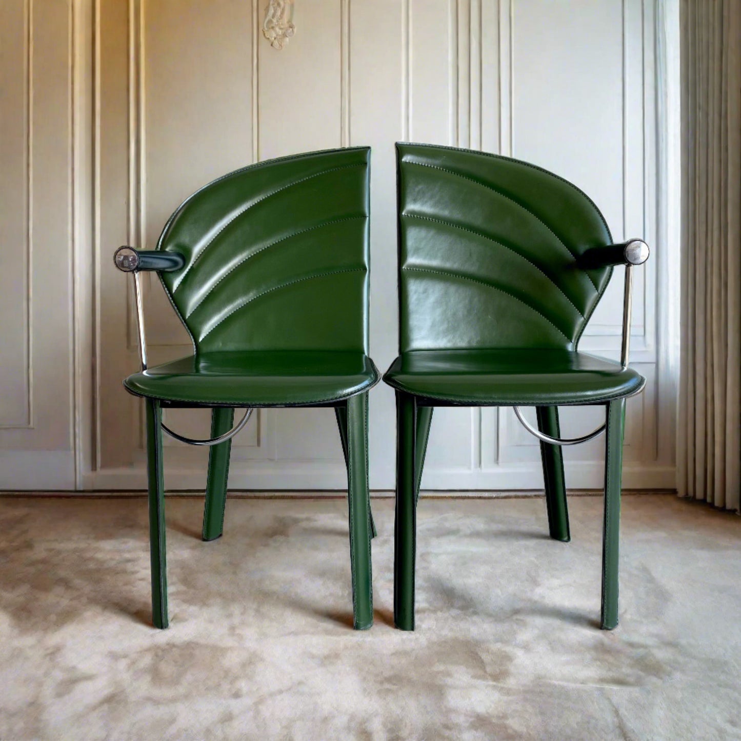 2 fauteuils en cuir vert de Mario Morbidelli pour Naos, Italie, années 1980