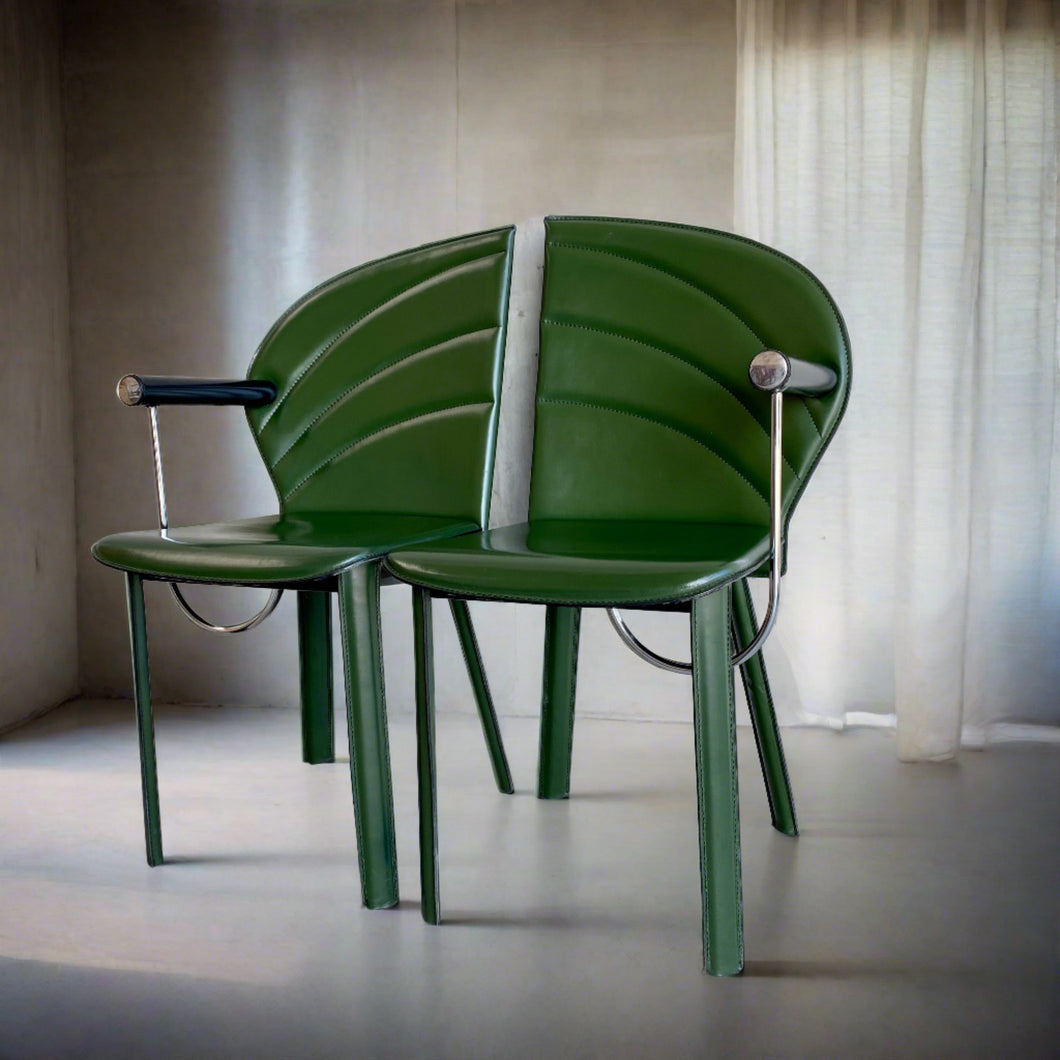 2 X Green Leather Arm Chairs by Mario Morbidelli for Naos, Italy 1980s