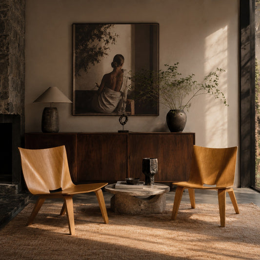 2 x Mid-century Oak Low Easy Chairs, Italy 1990