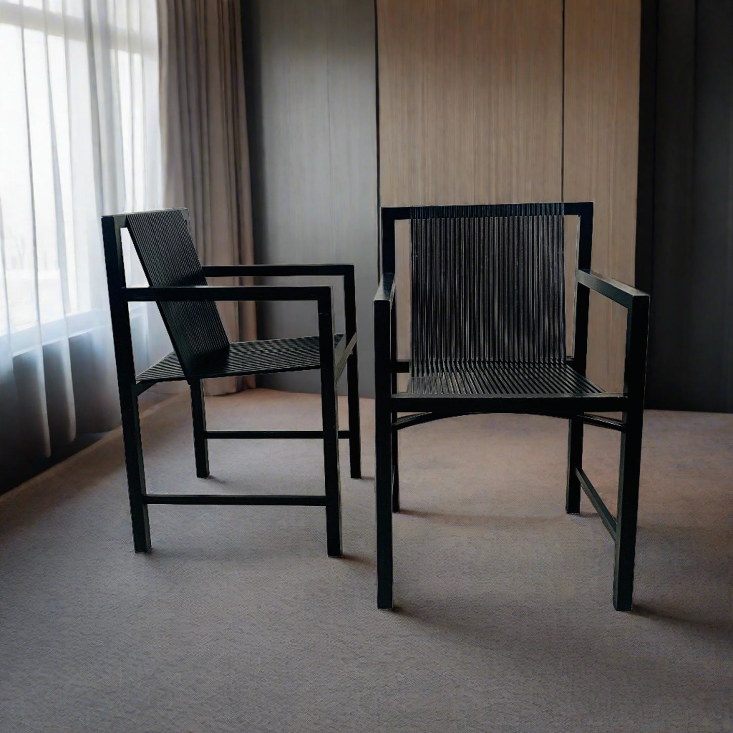 2 x Ruud-Jan Kokke schwarze „Latjes“-Stühle für 't Spectrum, Niederlande 1980
