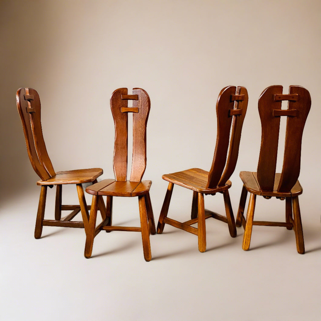 Set of 4 Solid Oak Brutalist Dining Chairs by Kunstmeubelen De Puydt, Belgium 1970