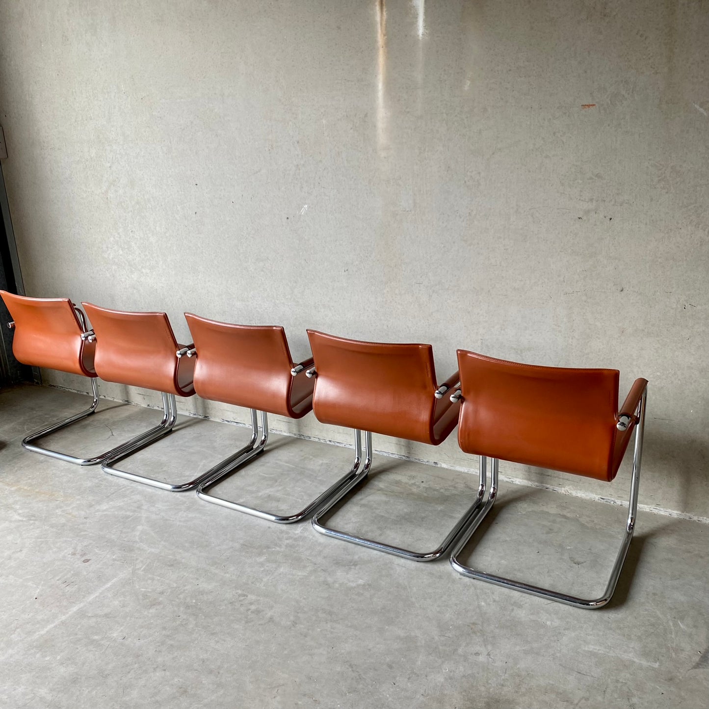 Matteo Grassi "Mg15" Cognac Leather Dining Chairs by Mart Stam, Italy 1980