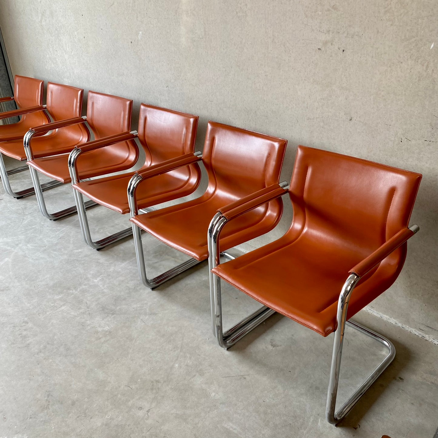 Matteo Grassi "Mg15" Cognac Leather Dining Chairs by Mart Stam, Italy 1980