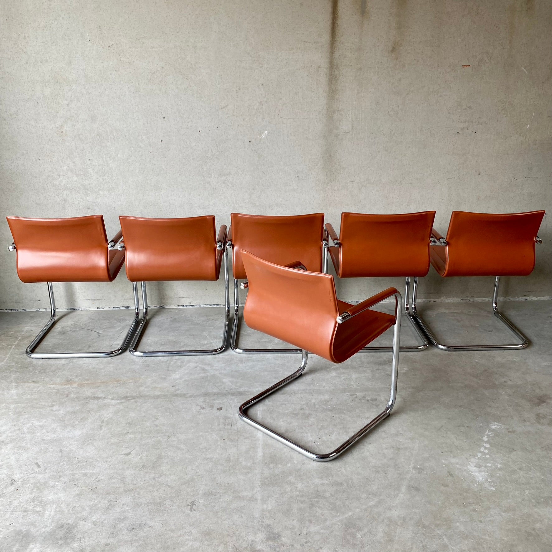 Matteo Grassi "Mg15" Cognac Leather Dining Chairs by Mart Stam, Italy 1980