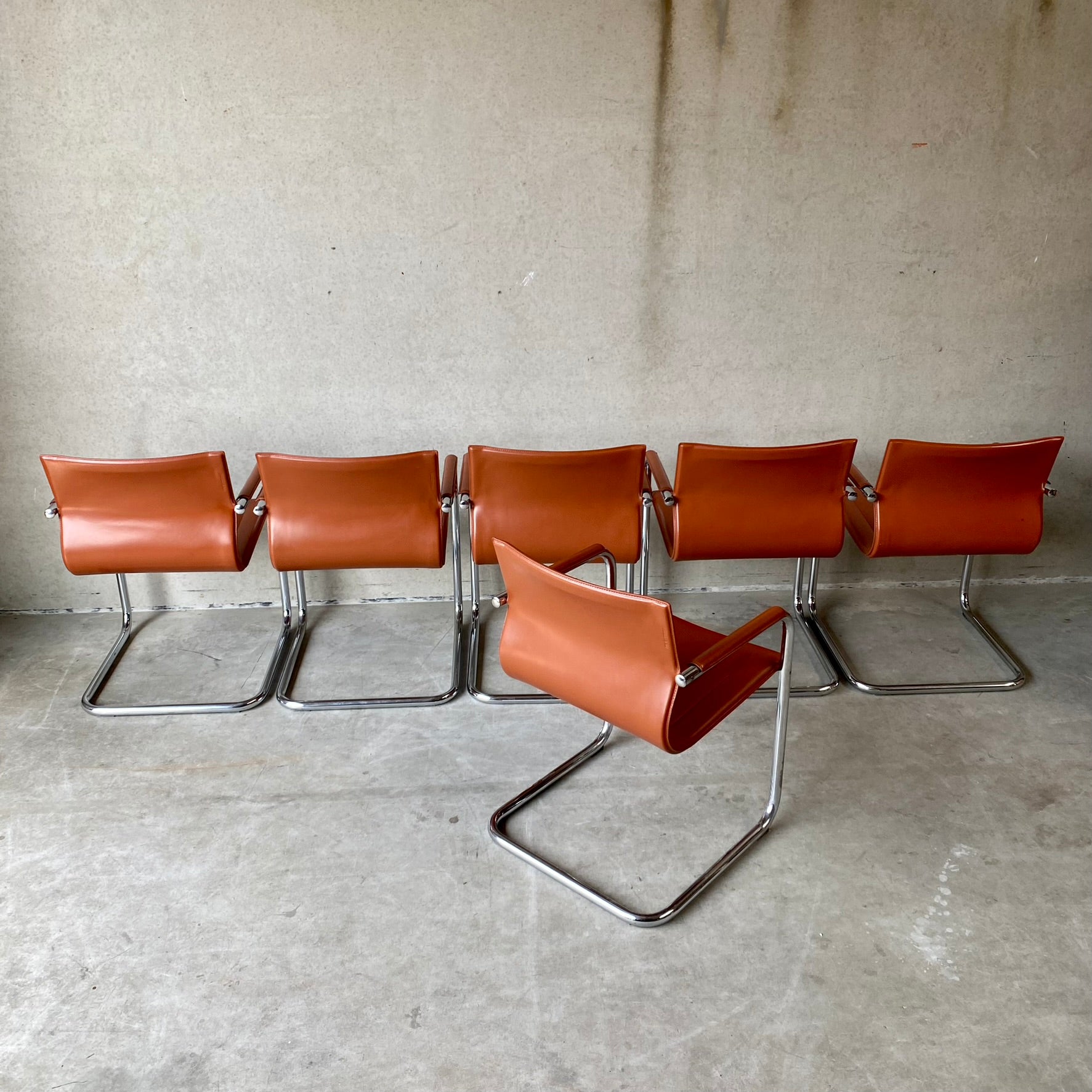 Matteo Grassi "Mg15" Cognac Leather Dining Chairs by Mart Stam, Italy 1980