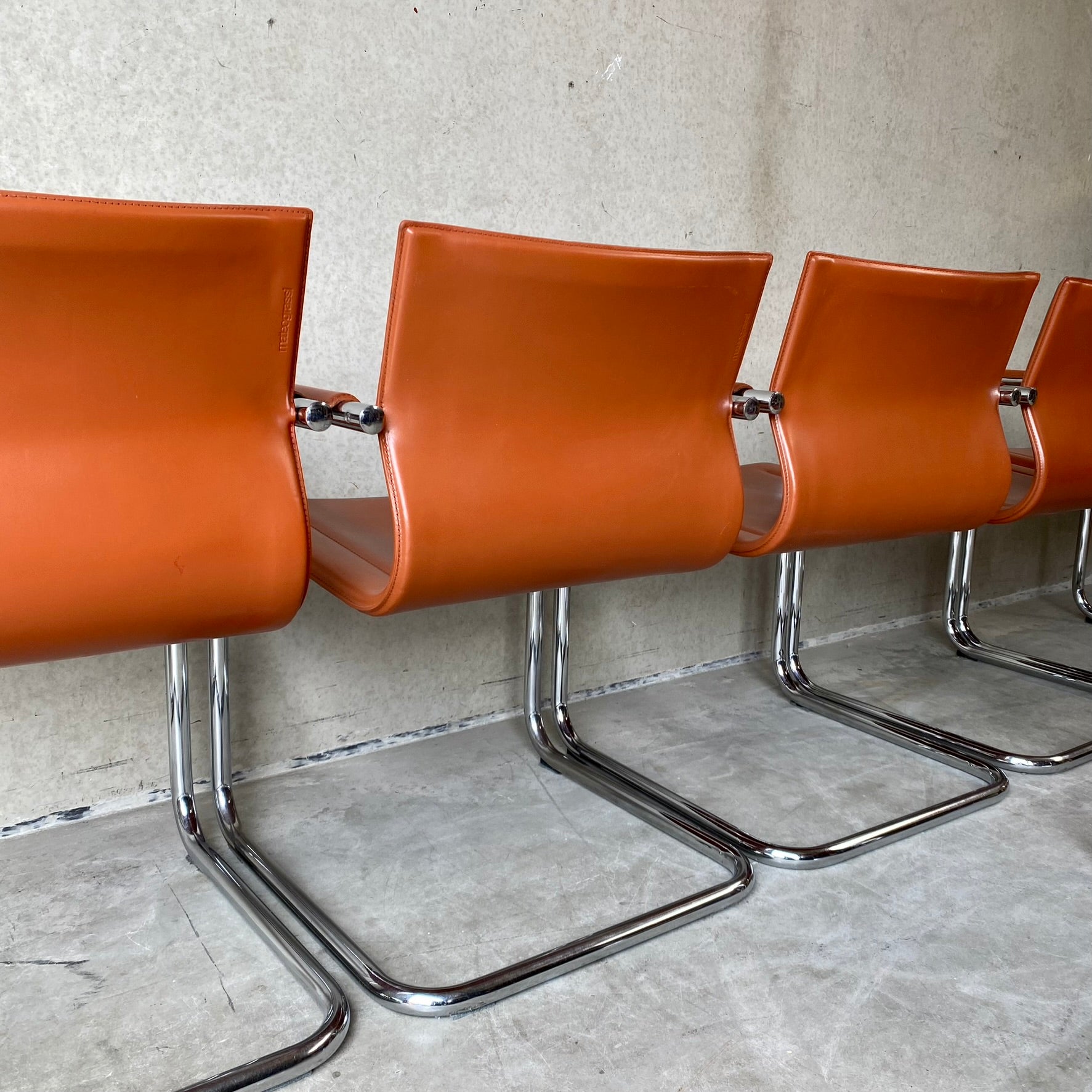Matteo Grassi "Mg15" Cognac Leather Dining Chairs by Mart Stam, Italy 1980