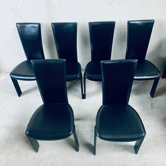 6 x Black Leather Tripot Dining Chairs by Pietro Costantini, Italy 1980