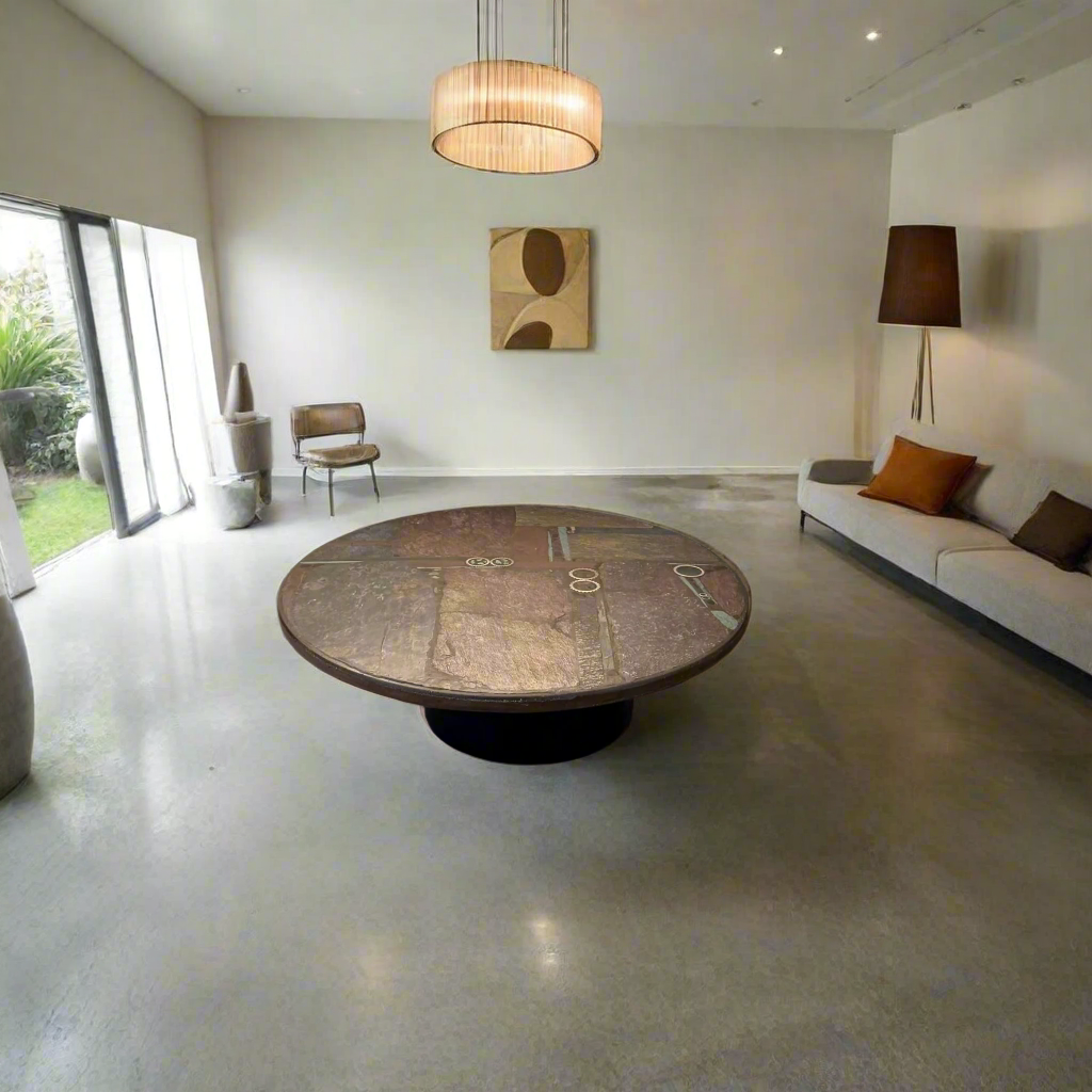 Table basse ronde en ardoise de style brutaliste, œuvre du sculpteur Paul Kingma, Pays-Bas, 1982