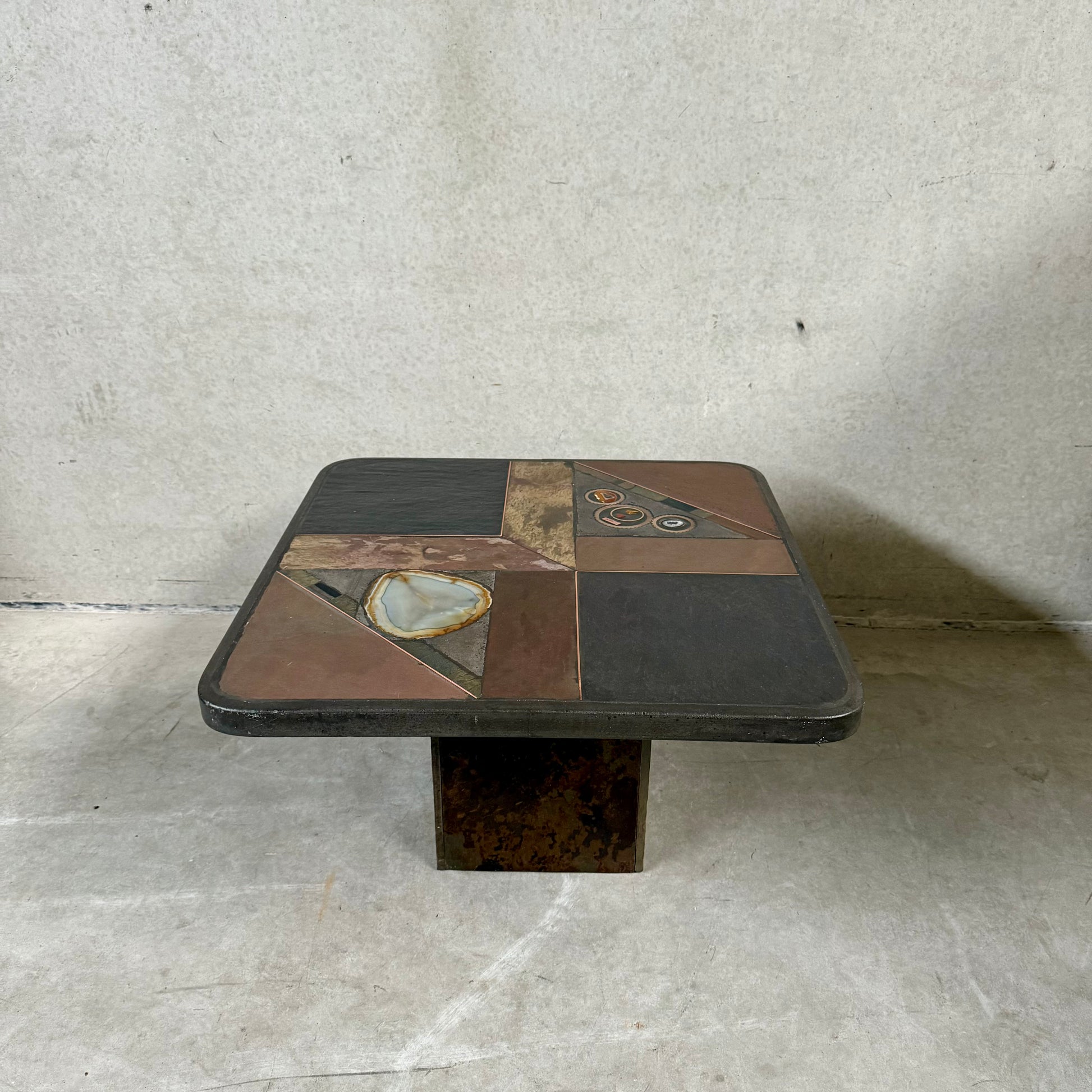 Brutalist Slate Stone Brass Coffee Table by Studio Stam 1980