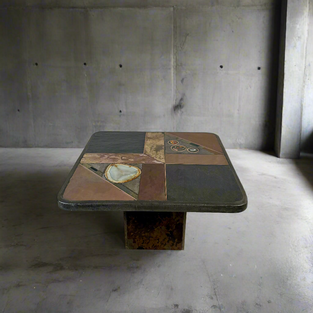 Brutalist Slate Stone Brass Coffee Table by Studio Stam 1980