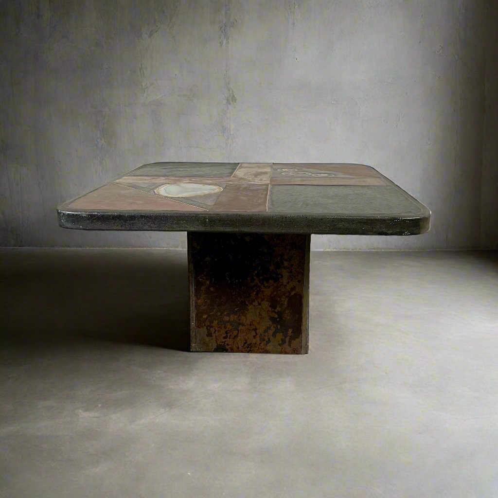 Brutalist Slate Stone Brass Coffee Table by Studio Stam 1980