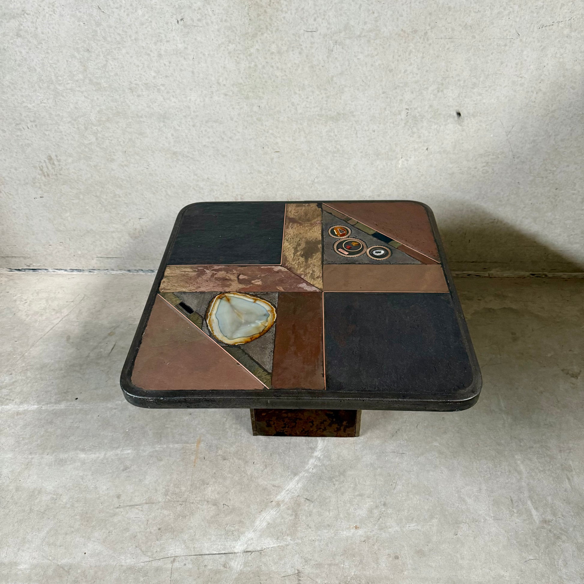 Brutalist Slate Stone Brass Coffee Table by Studio Stam 1980