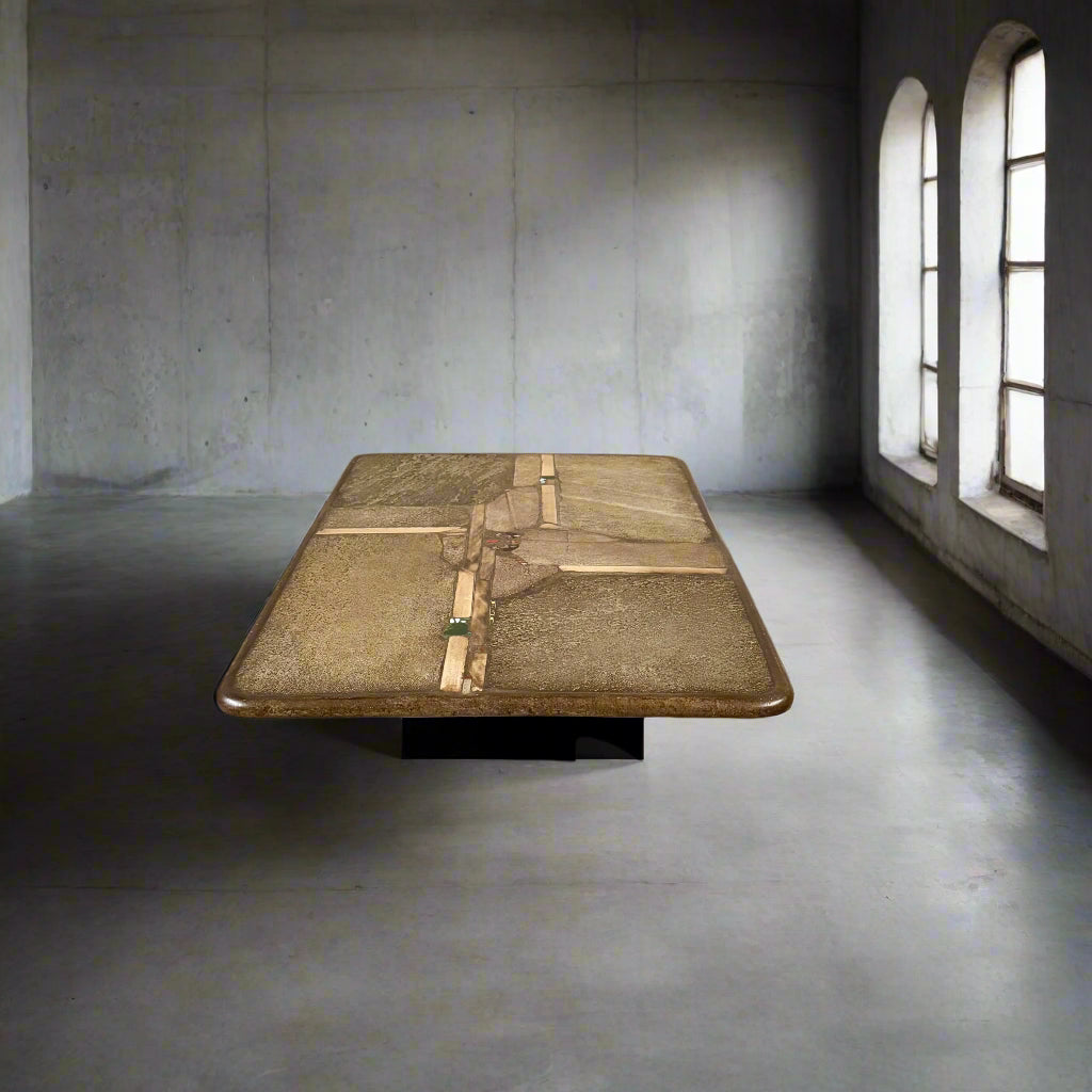Brutalistischer rechteckiger Couchtisch aus Ammonitenstein im Schieferstil, Paul Kingma, Niederlande, 1996