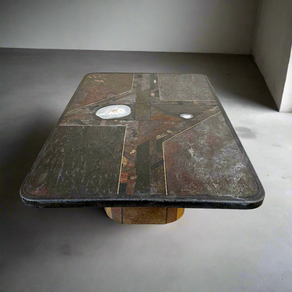 Brutalistischer rechteckiger Couchtisch aus Schiefer und Messing von Studio Stam, 1990