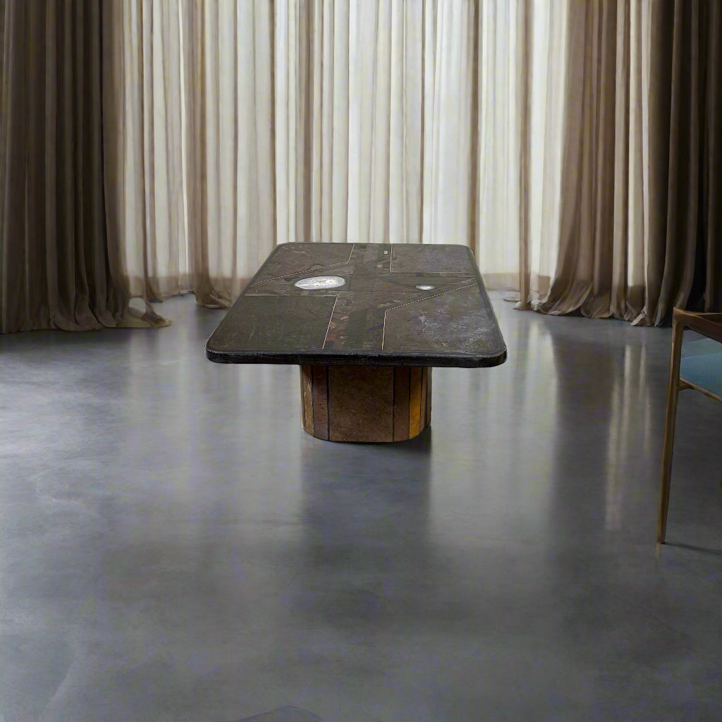 Brutalistischer rechteckiger Couchtisch aus Schiefer und Messing von Studio Stam, 1990