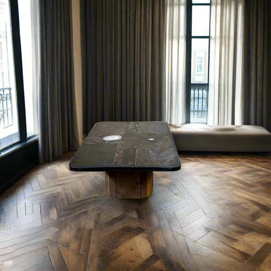 Brutalistischer rechteckiger Couchtisch aus Schiefer und Messing von Studio Stam, 1990