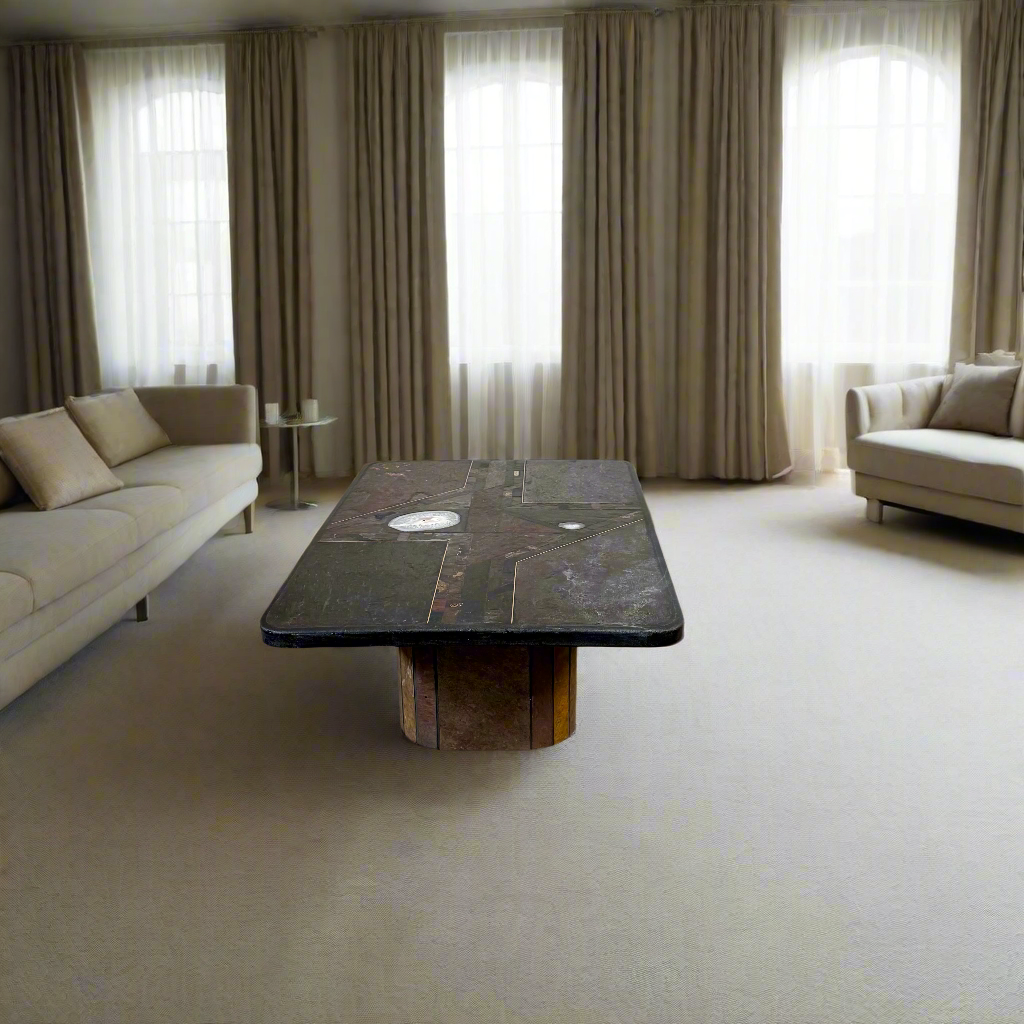 Brutalistischer rechteckiger Couchtisch aus Schiefer und Messing von Studio Stam, 1990