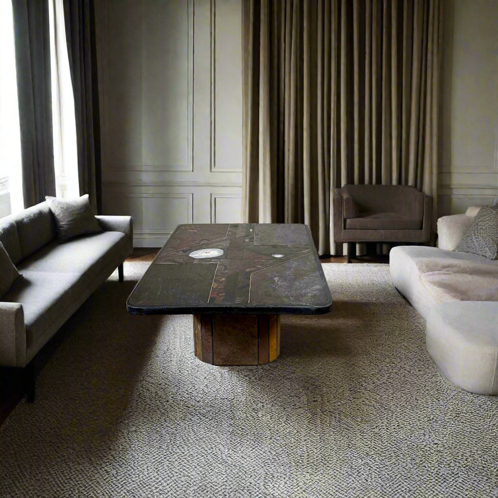 Brutalistischer rechteckiger Couchtisch aus Schiefer und Messing von Studio Stam, 1990