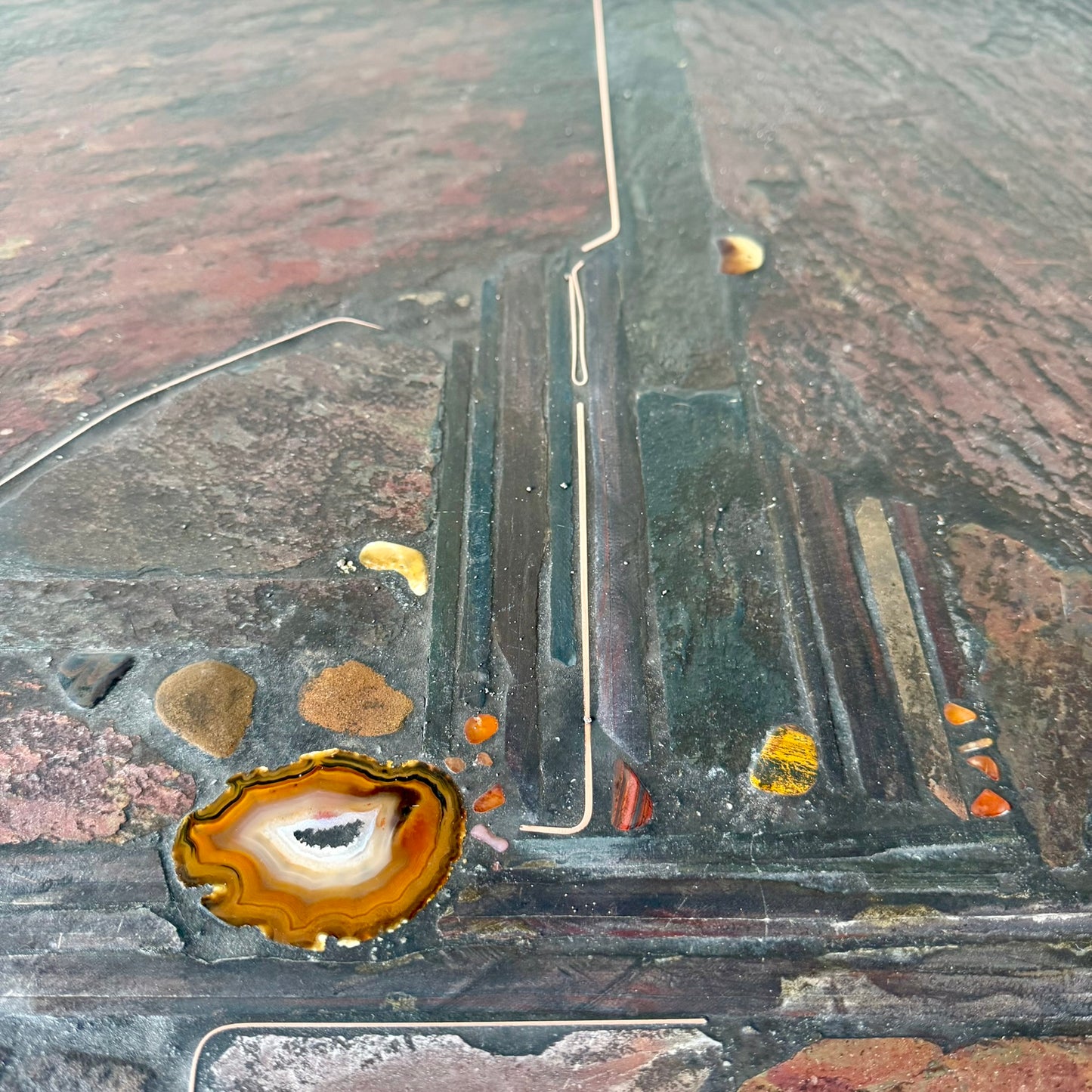 Table basse carrée brutaliste en ardoise et agate brune par Paul Kingma 1990