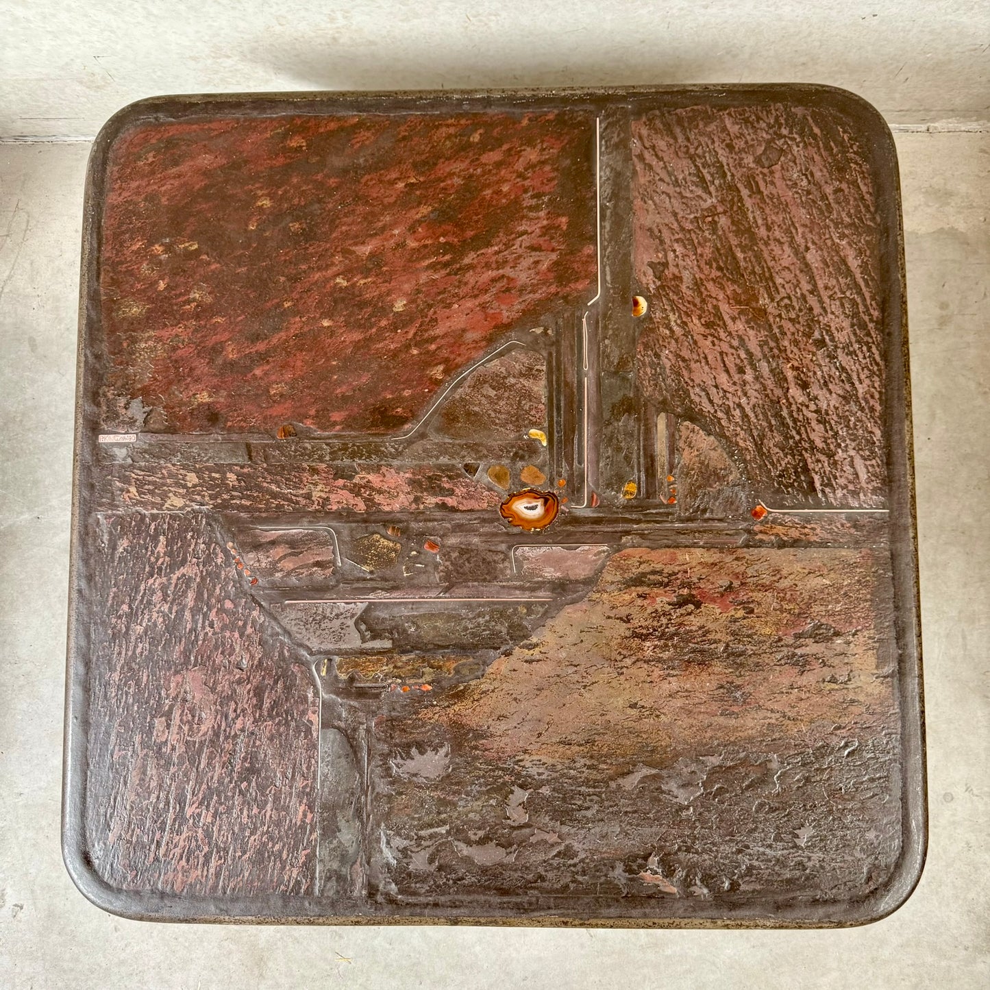 Brutalist Square Slate Stone Brown Agate Coffee Table by Paul Kingma 1990