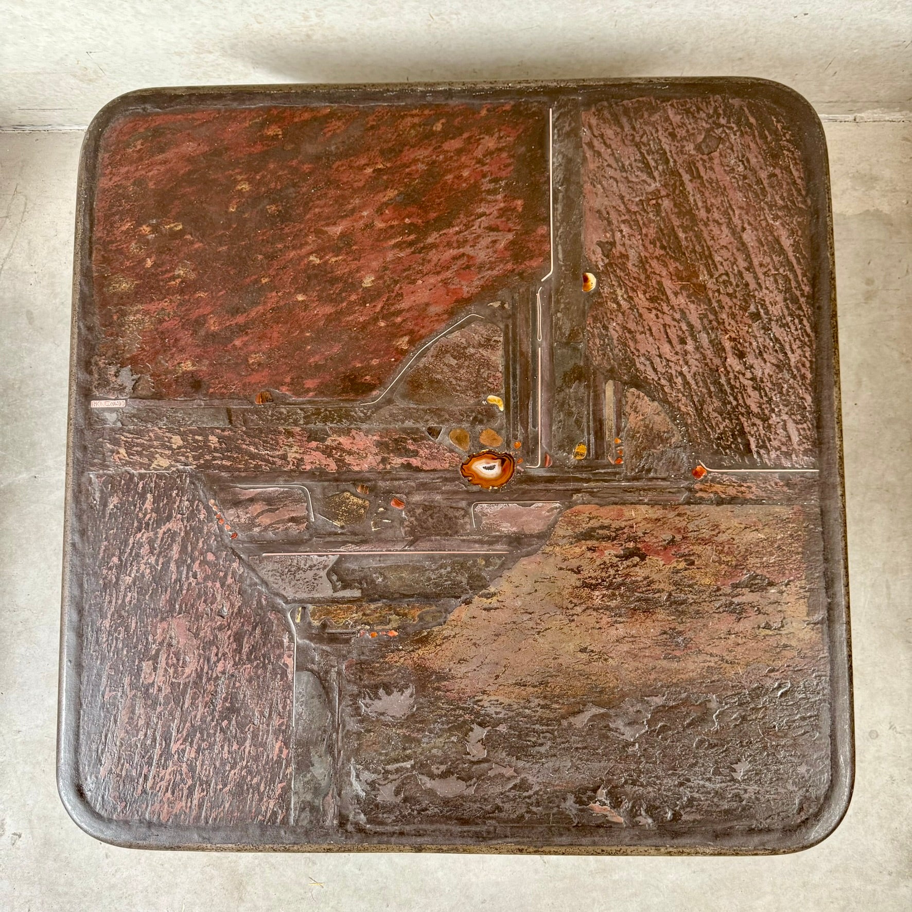 Brutalist Square Slate Stone Brown Agate Coffee Table by Paul Kingma 1990