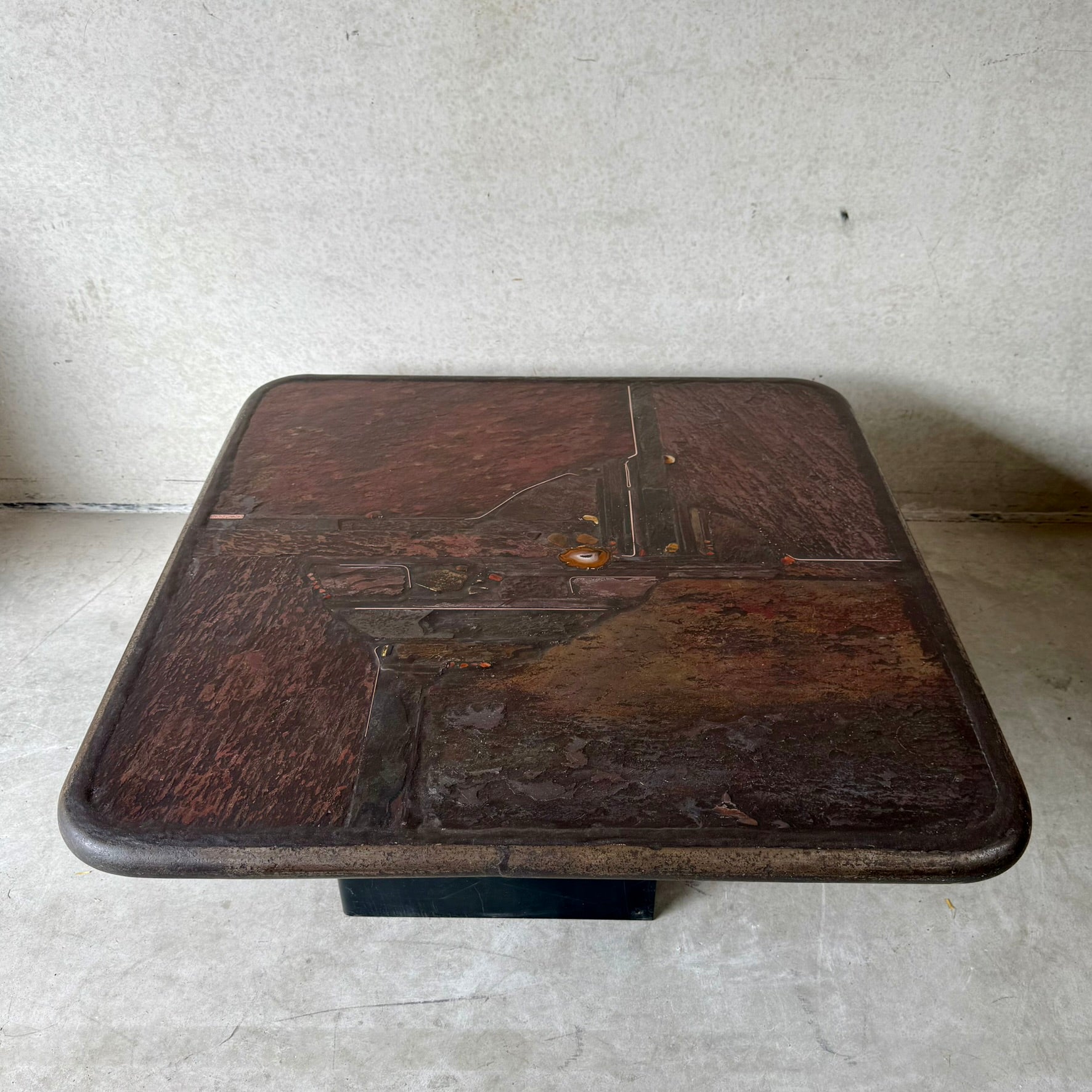 Brutalist Square Slate Stone Brown Agate Coffee Table by Paul Kingma 1990