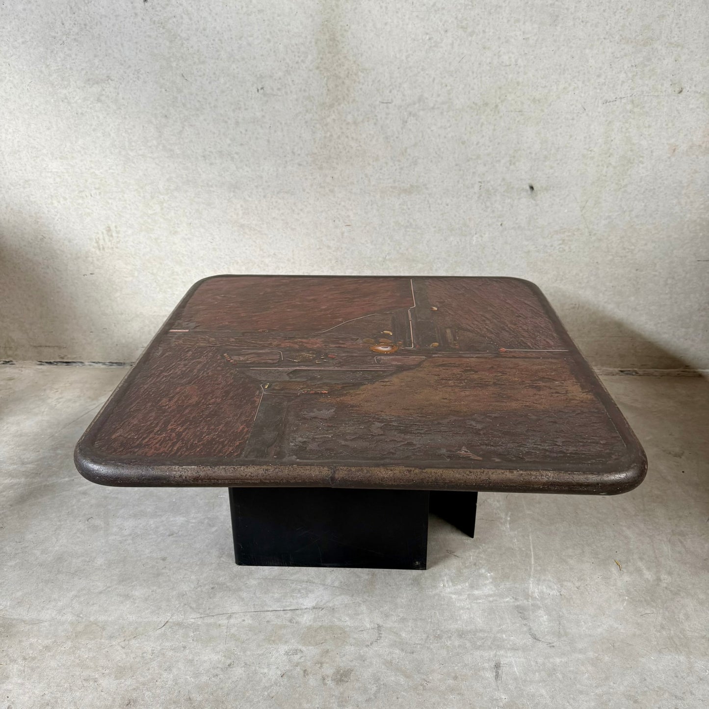 Brutalist Square Slate Stone Brown Agate Coffee Table by Paul Kingma 1990