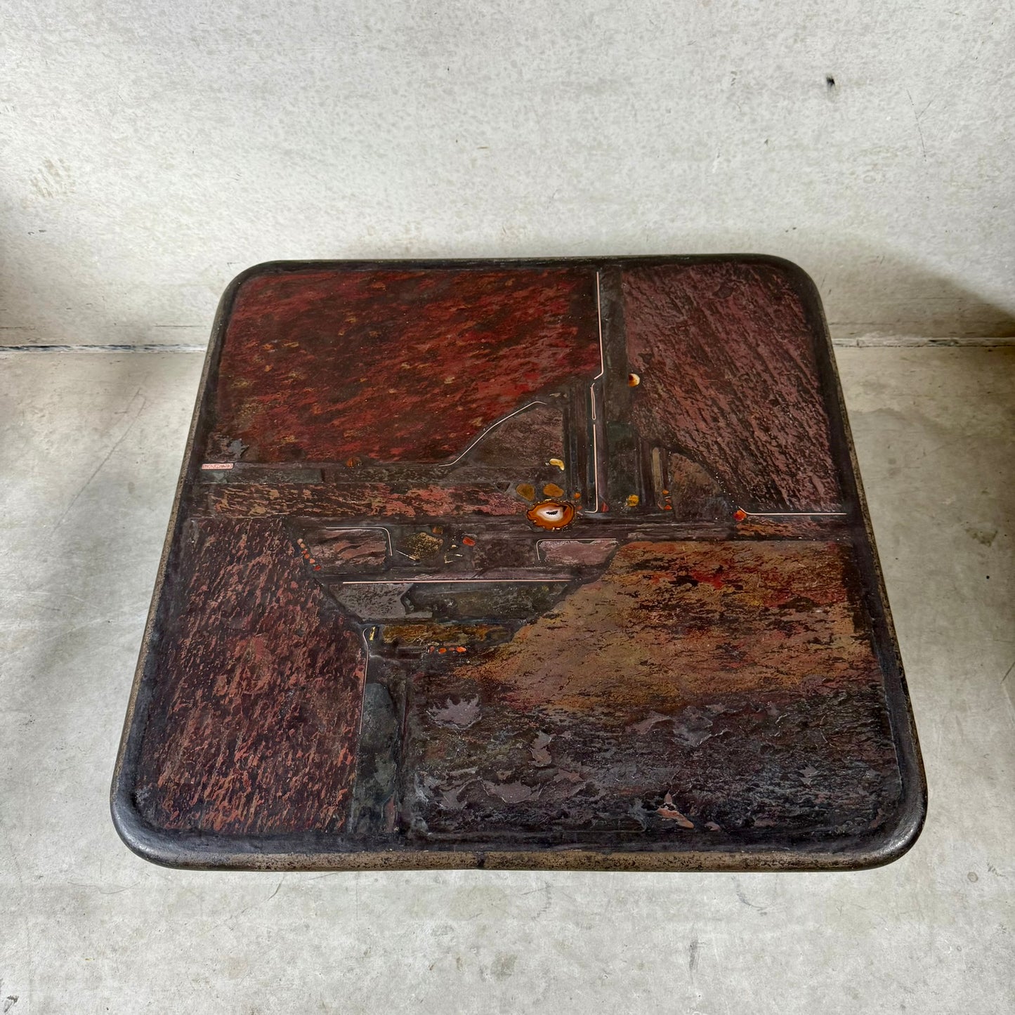 Brutalist Square Slate Stone Brown Agate Coffee Table by Paul Kingma 1990
