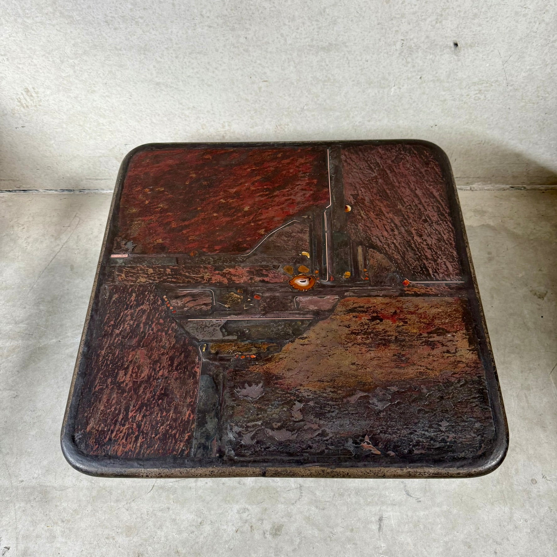 Brutalist Square Slate Stone Brown Agate Coffee Table by Paul Kingma 1990