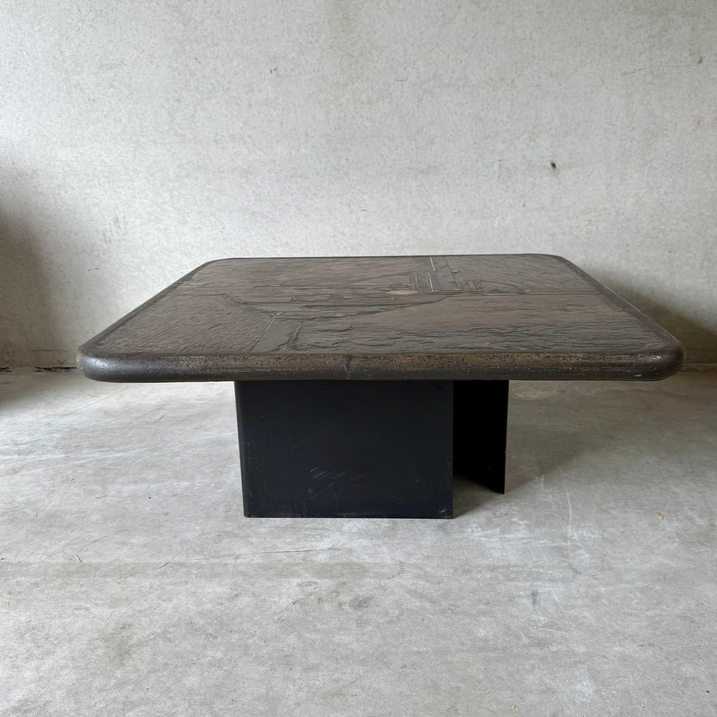 Brutalist Square Slate Stone Brown Agate Coffee Table by Paul Kingma 1990