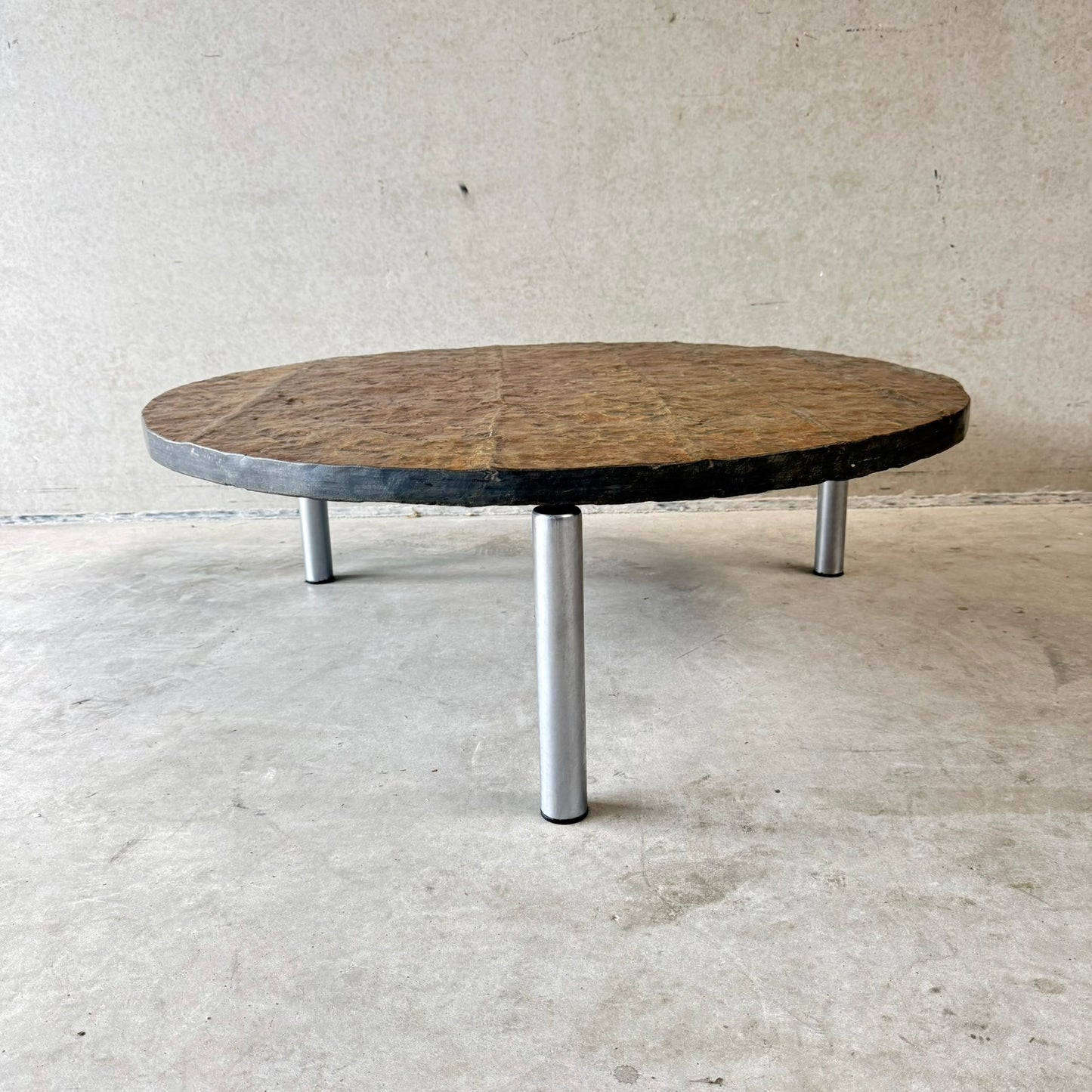 Brutalist Round Raw Slate Stone Coffee Table, France 1970