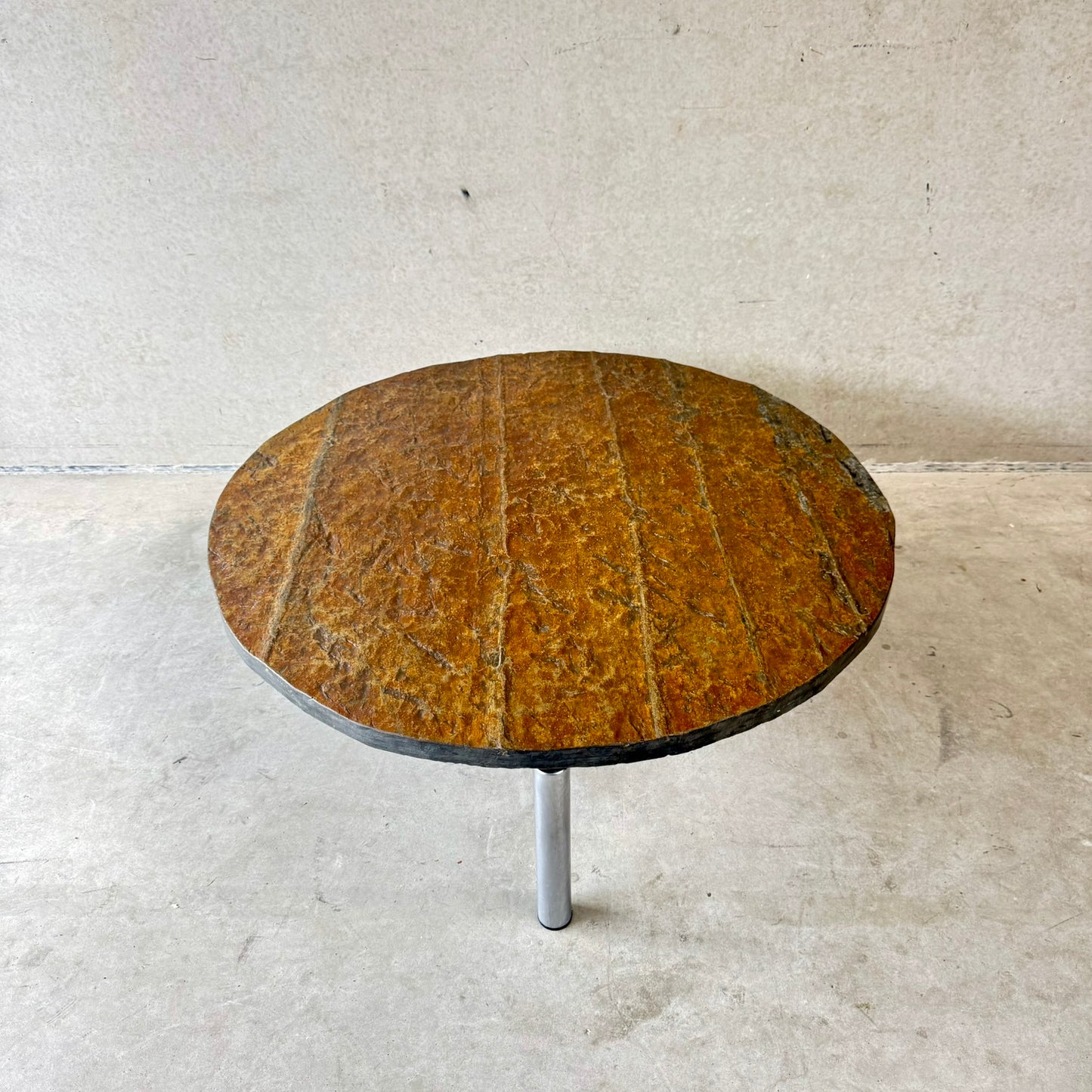 Brutalist Round Raw Slate Stone Coffee Table, France 1970