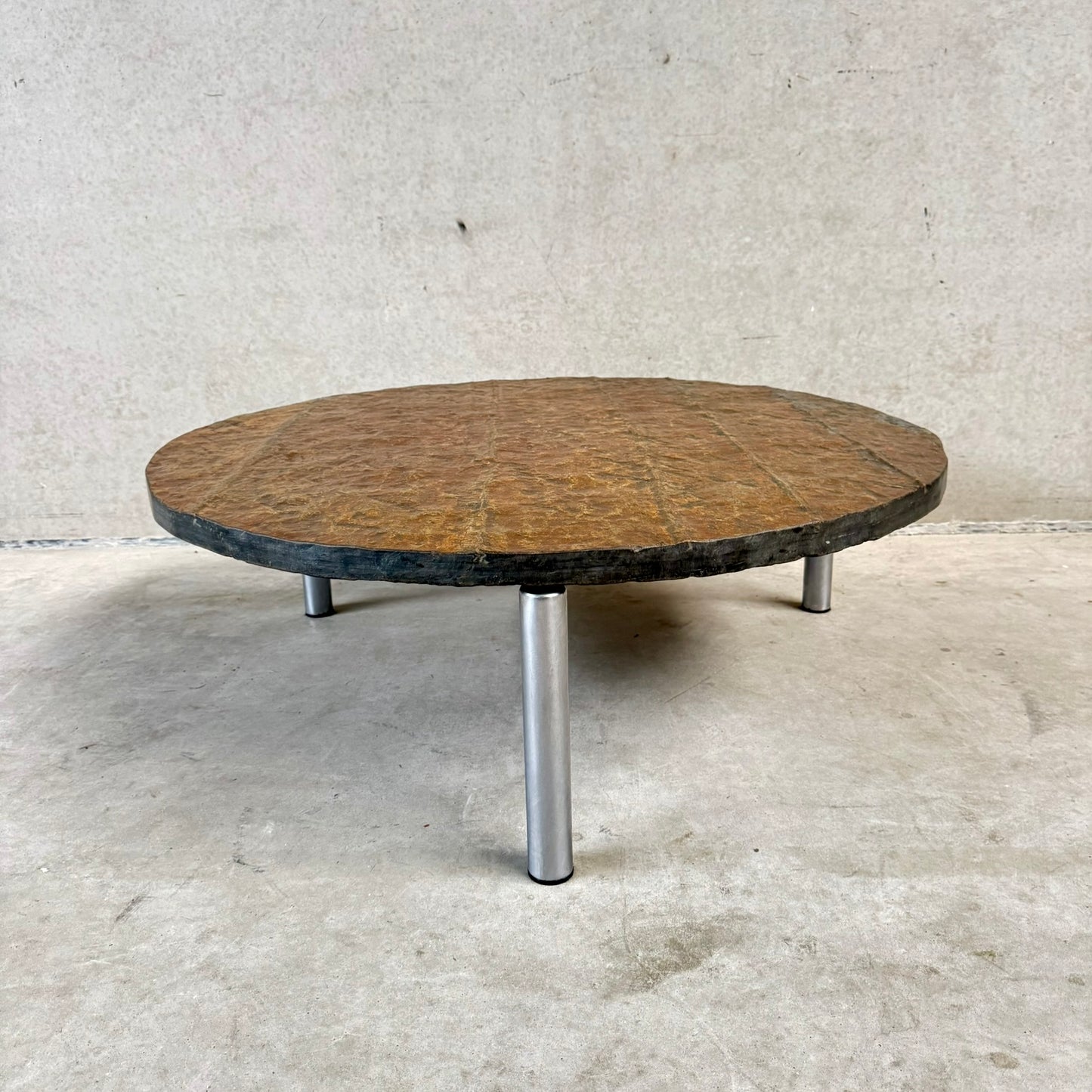 Brutalist Round Raw Slate Stone Coffee Table, France 1970
