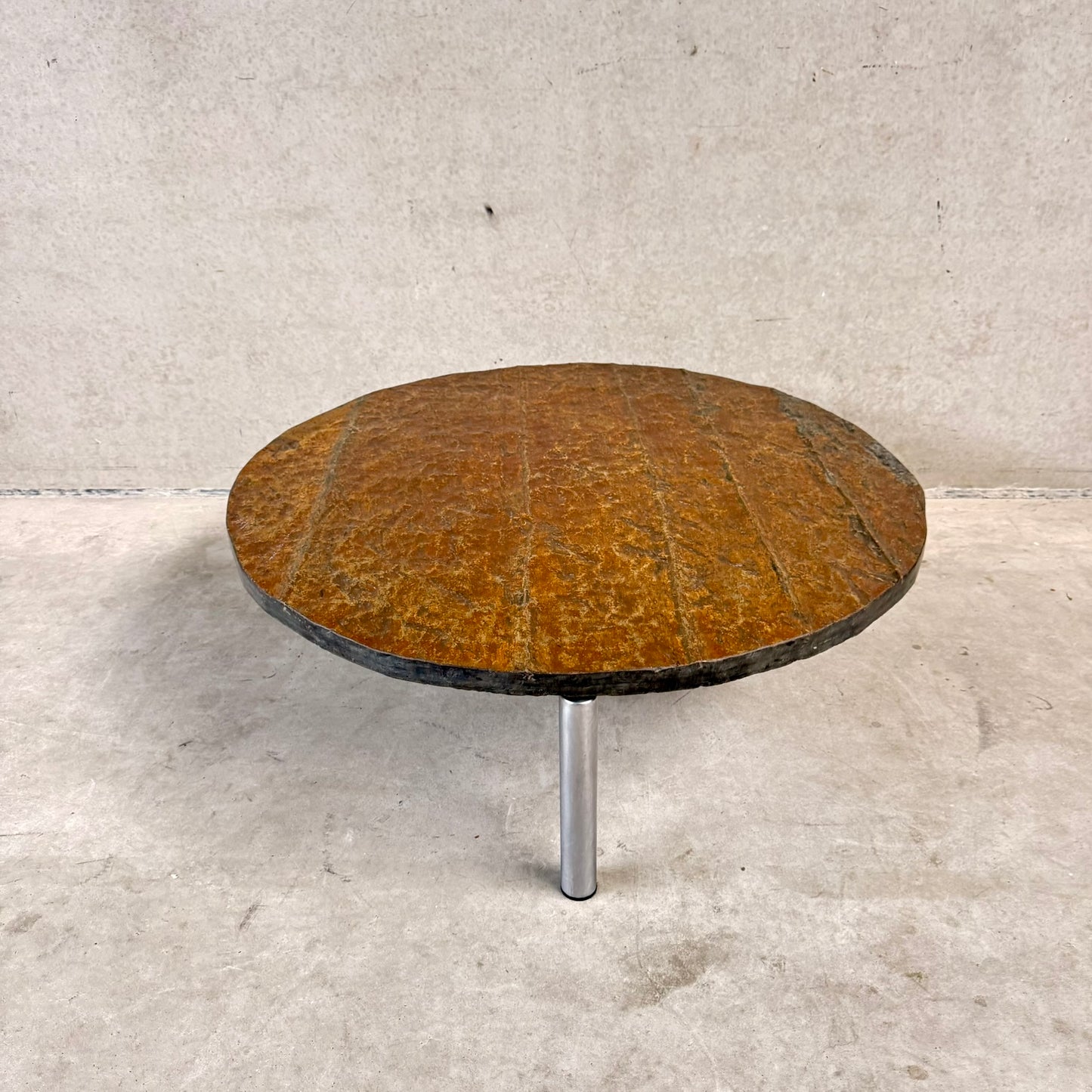 Brutalist Round Raw Slate Stone Coffee Table, France 1970