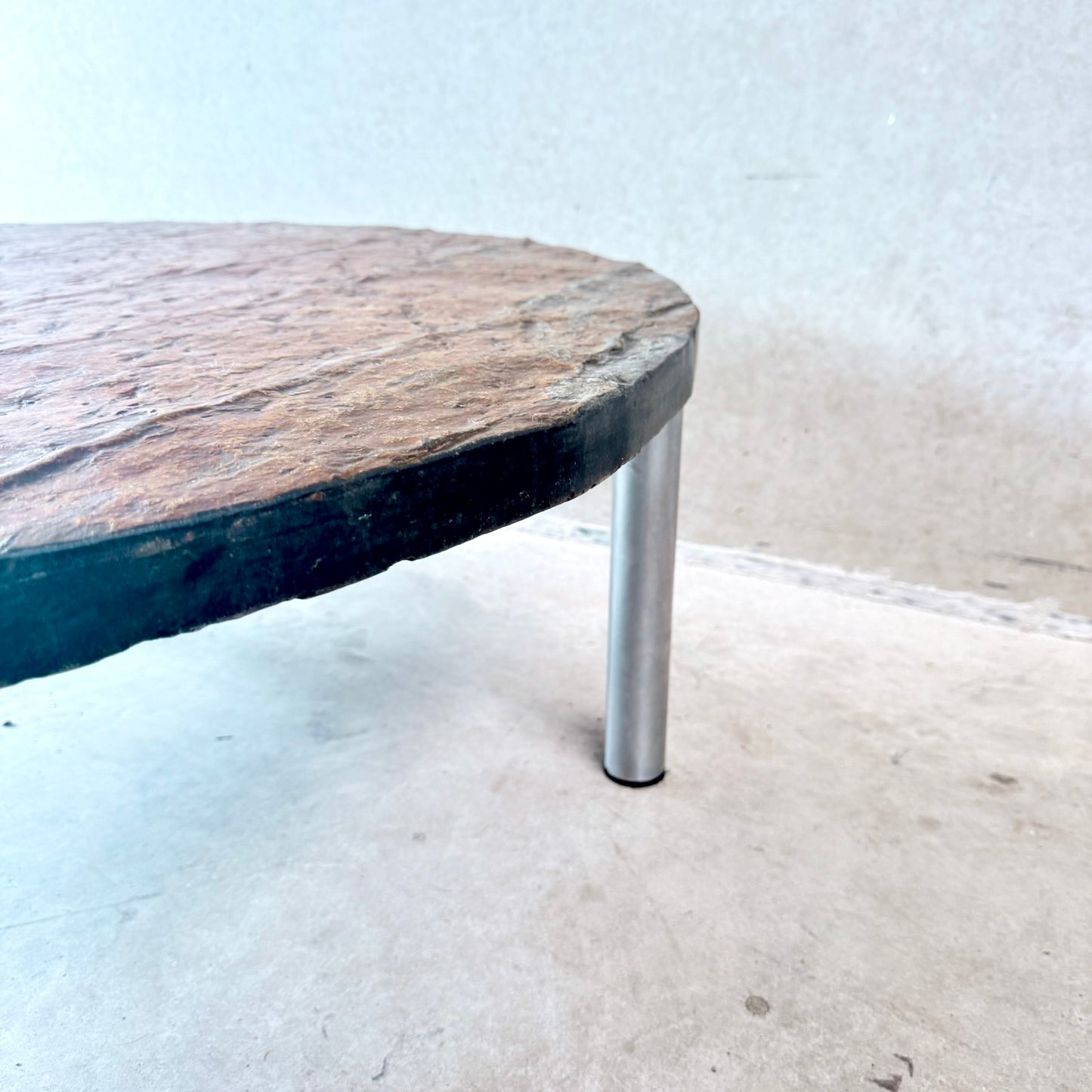Brutalist Round Raw Slate Stone Coffee Table, France 1970