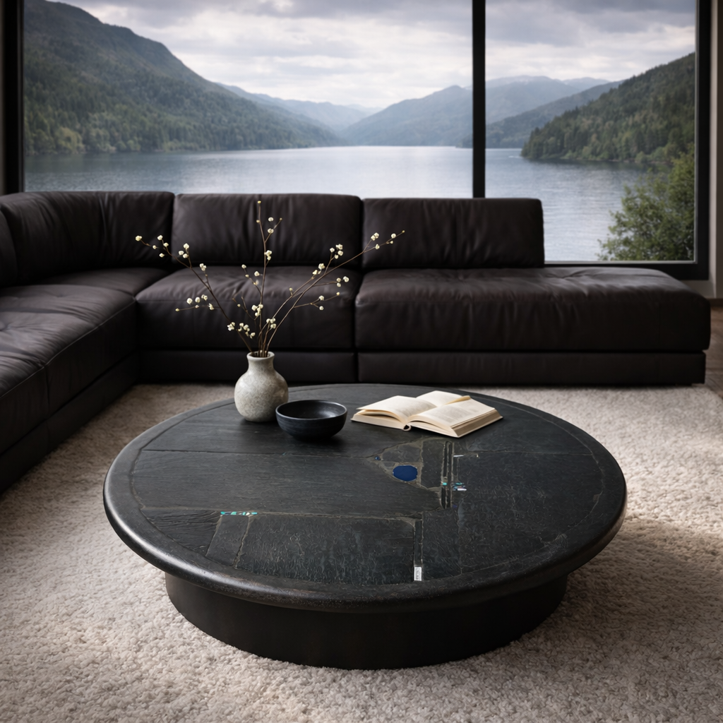 Brutalist Slate Stone Blue Agate Round Coffee Table by Paul Kingma, Netherlands 1990