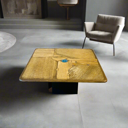 Brutalistischer quadratischer Couchtisch aus Schiefer und blauem Achat von Paul Kingma, 1996