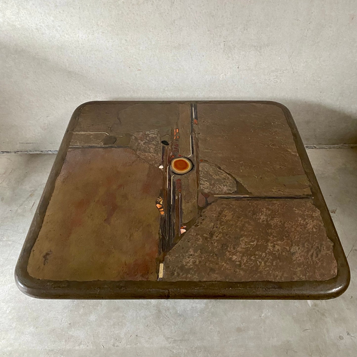 Brutalist Square Slate Stone Red Agate Coffee Table by Paul Kingma 1990