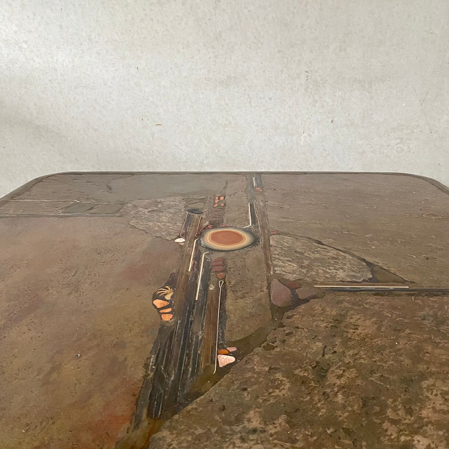 Brutalist Square Slate Stone Red Agate Coffee Table by Paul Kingma 1990
