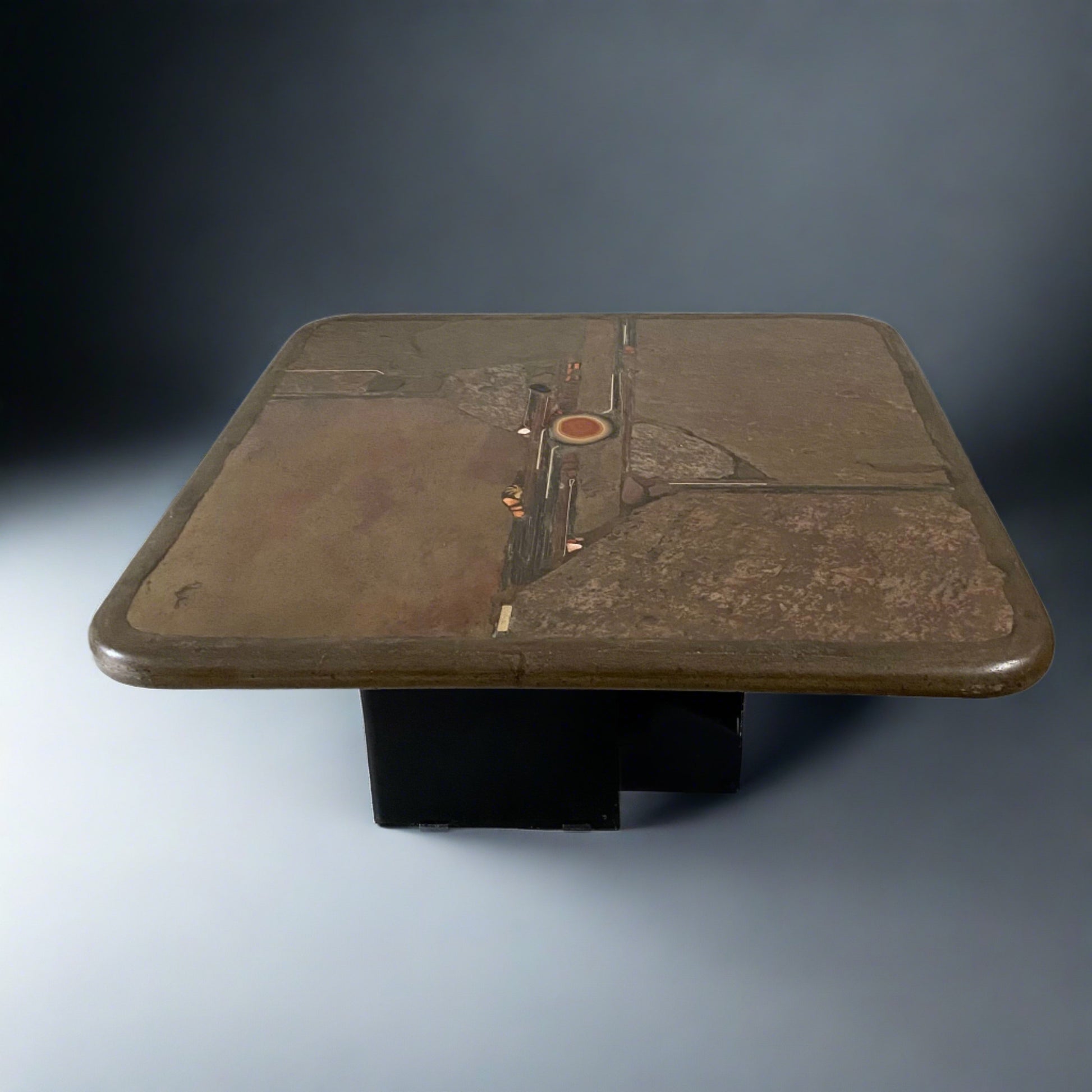 Brutalist Square Slate Stone Red Agate Coffee Table by Paul Kingma 1990