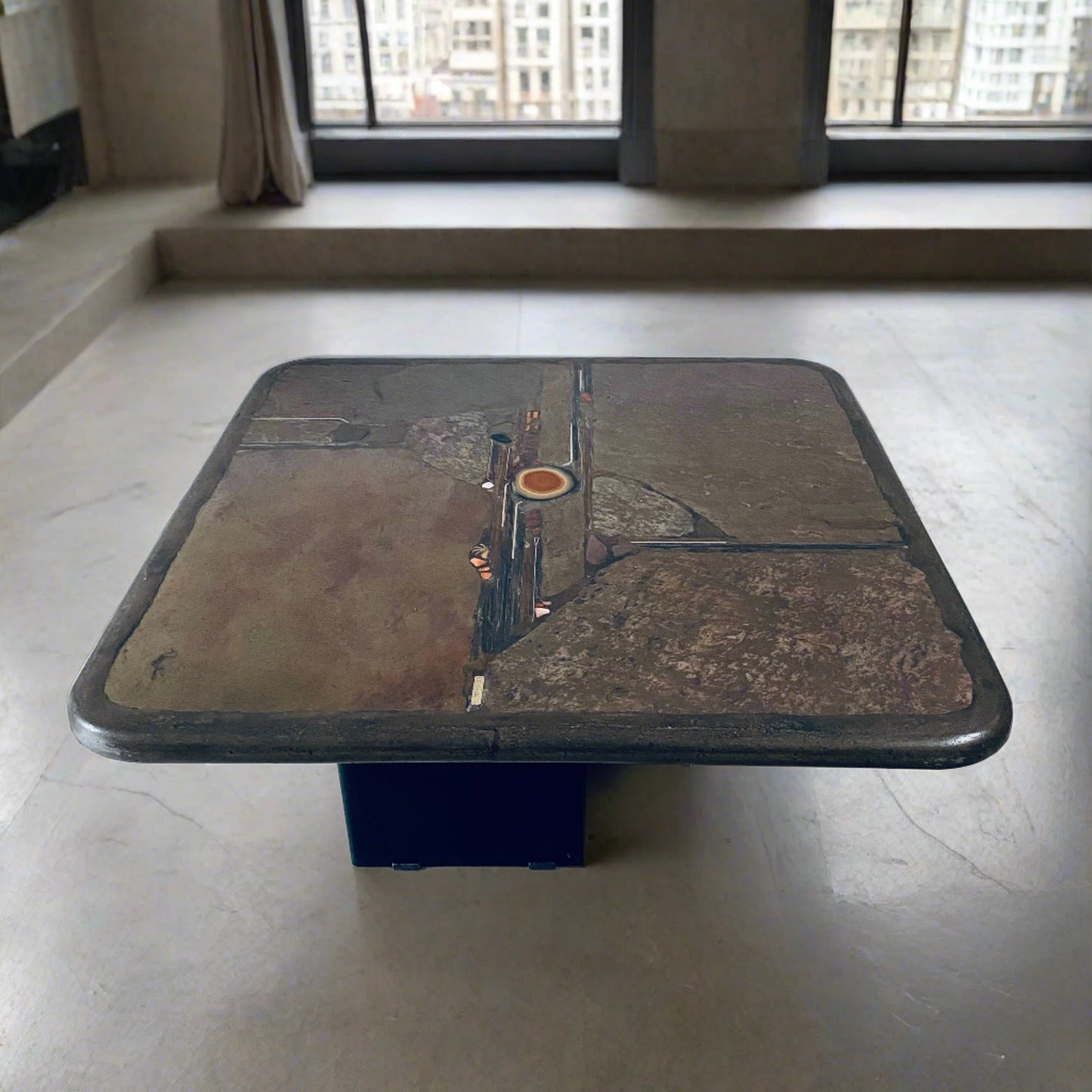 Brutalist Square Slate Stone Red Agate Coffee Table by Paul Kingma 1990
