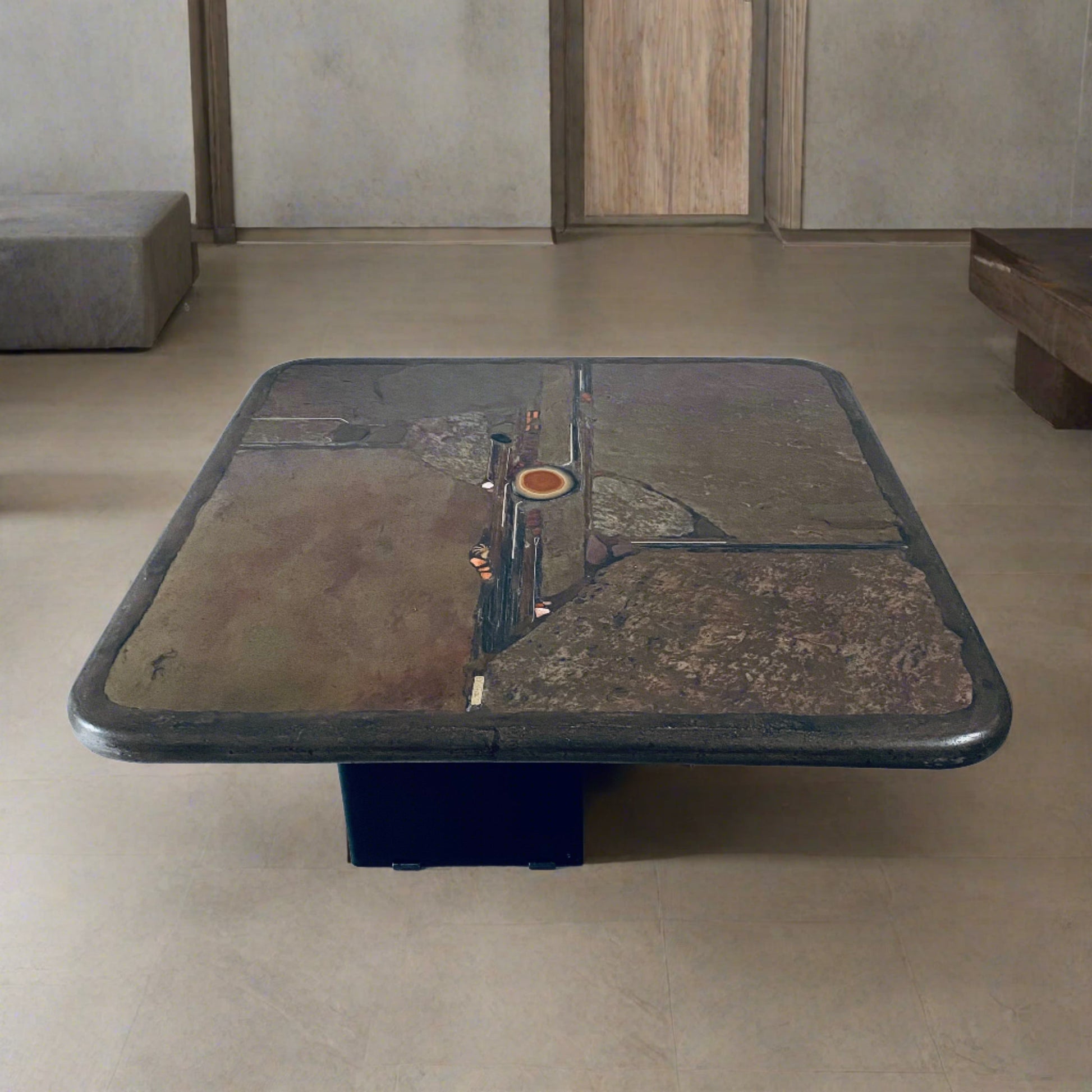 Brutalist Square Slate Stone Red Agate Coffee Table by Paul Kingma 1990