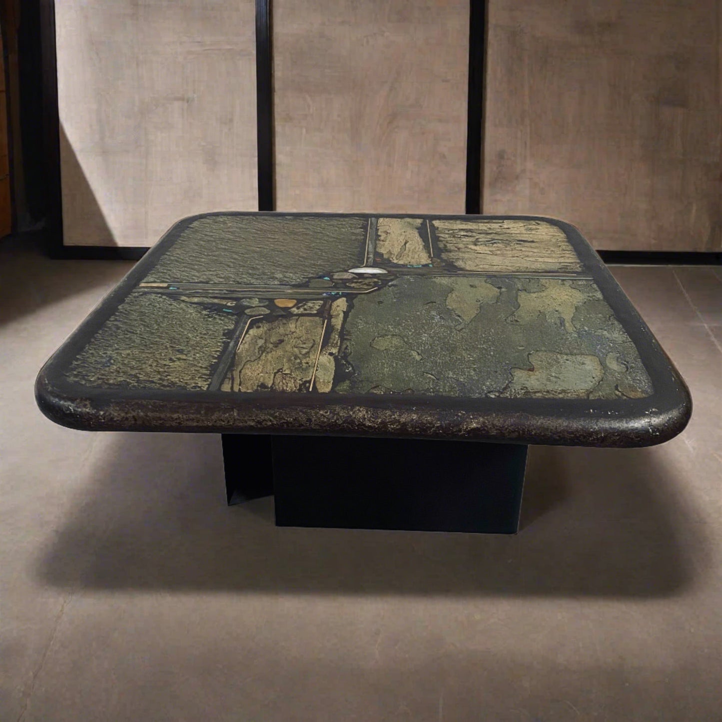 Brutalistischer quadratischer Couchtisch aus Schiefer und weißem Achat von Paul Kingma, 1991