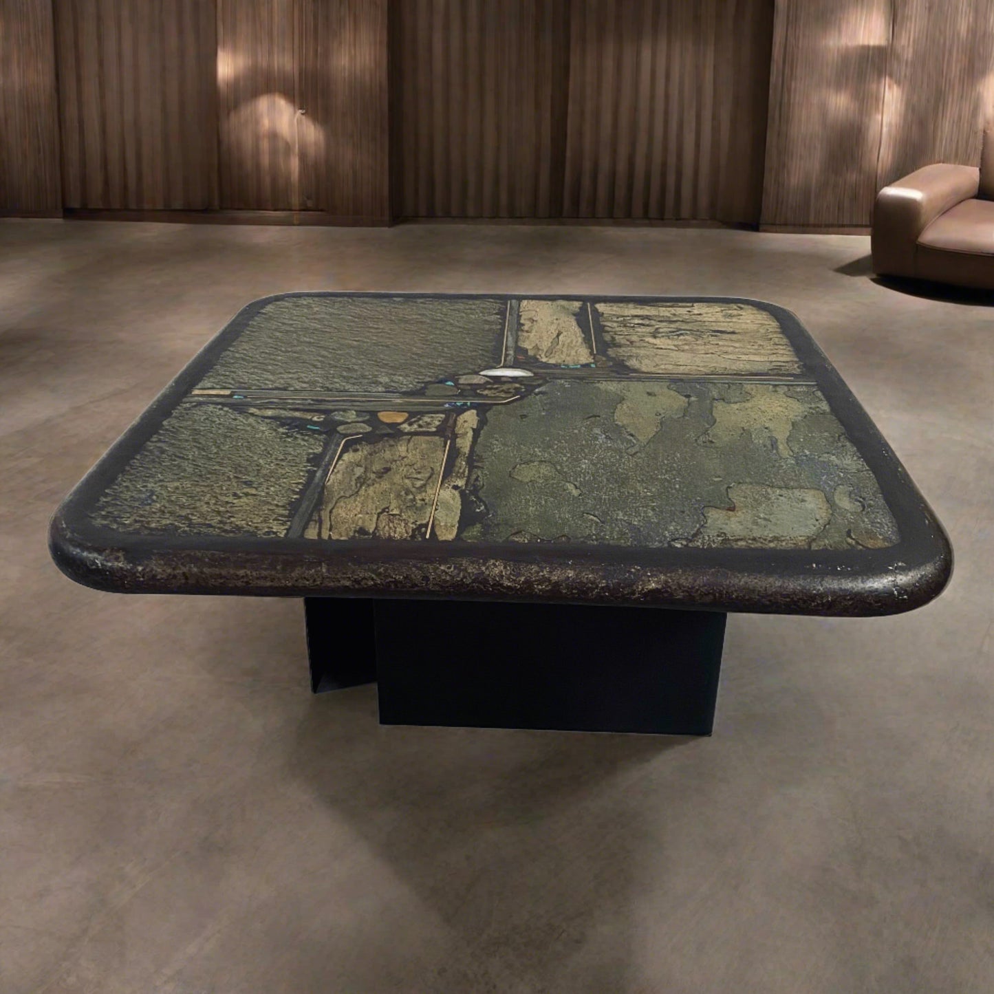 Brutalistischer quadratischer Couchtisch aus Schiefer und weißem Achat von Paul Kingma, 1991