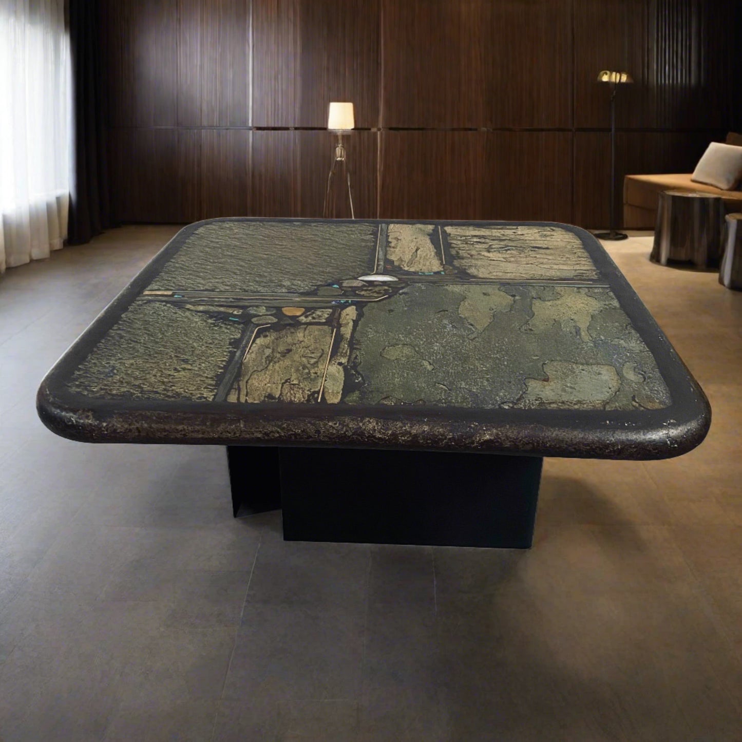 Brutalistischer quadratischer Couchtisch aus Schiefer und weißem Achat von Paul Kingma, 1991