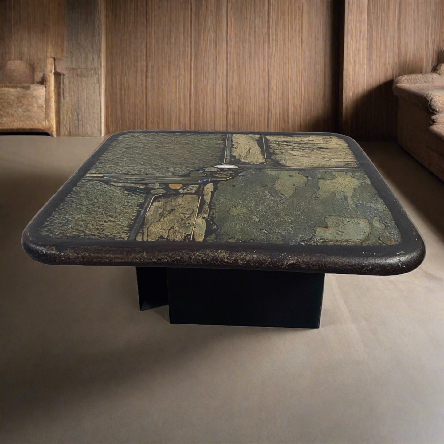 Brutalistischer quadratischer Couchtisch aus Schiefer und weißem Achat von Paul Kingma, 1991