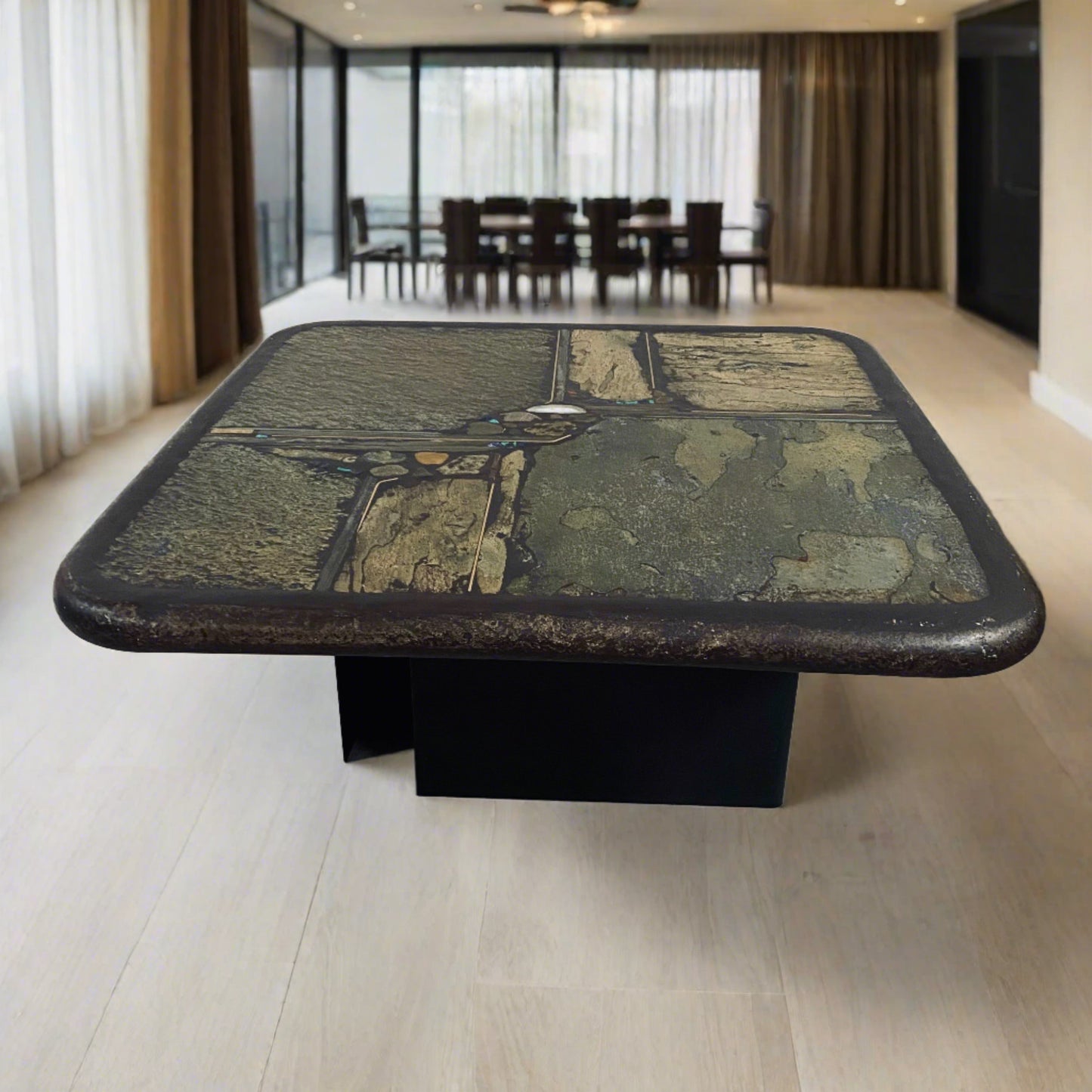 Brutalistischer quadratischer Couchtisch aus Schiefer und weißem Achat von Paul Kingma, 1991