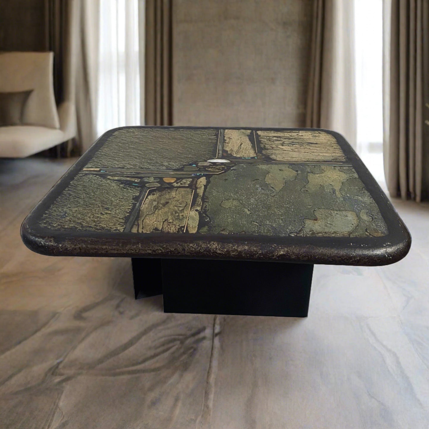 Brutalistischer quadratischer Couchtisch aus Schiefer und weißem Achat von Paul Kingma, 1991