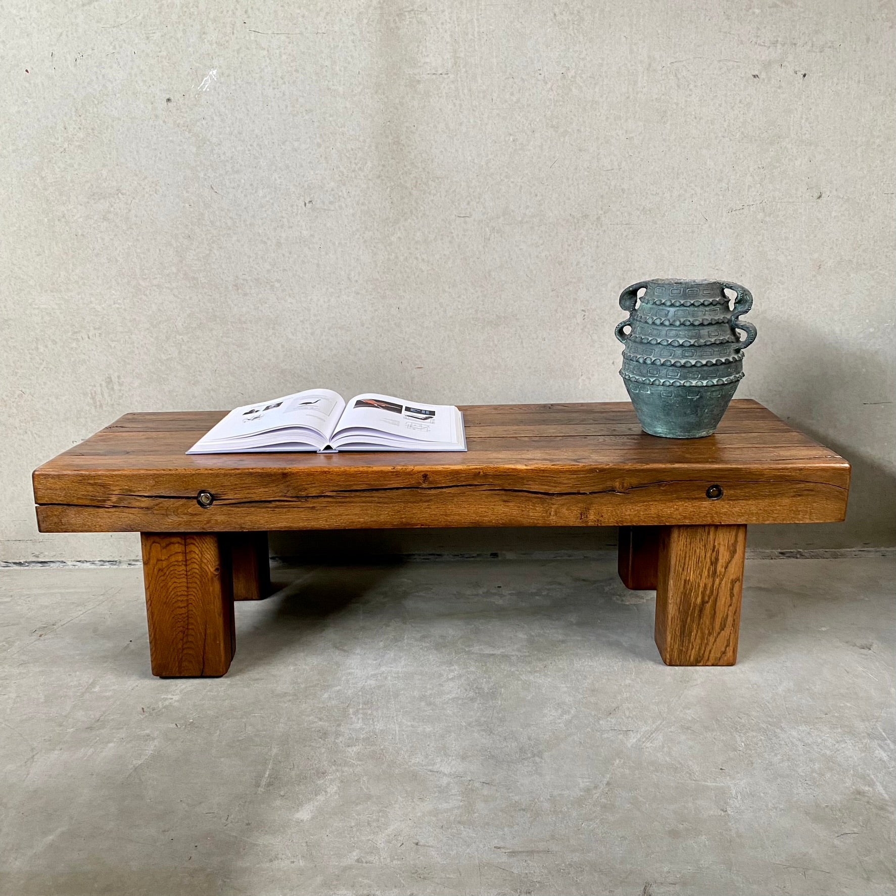 Solid Oak Rustic Brutalist Wabi Sabi Beam Coffee Table, France